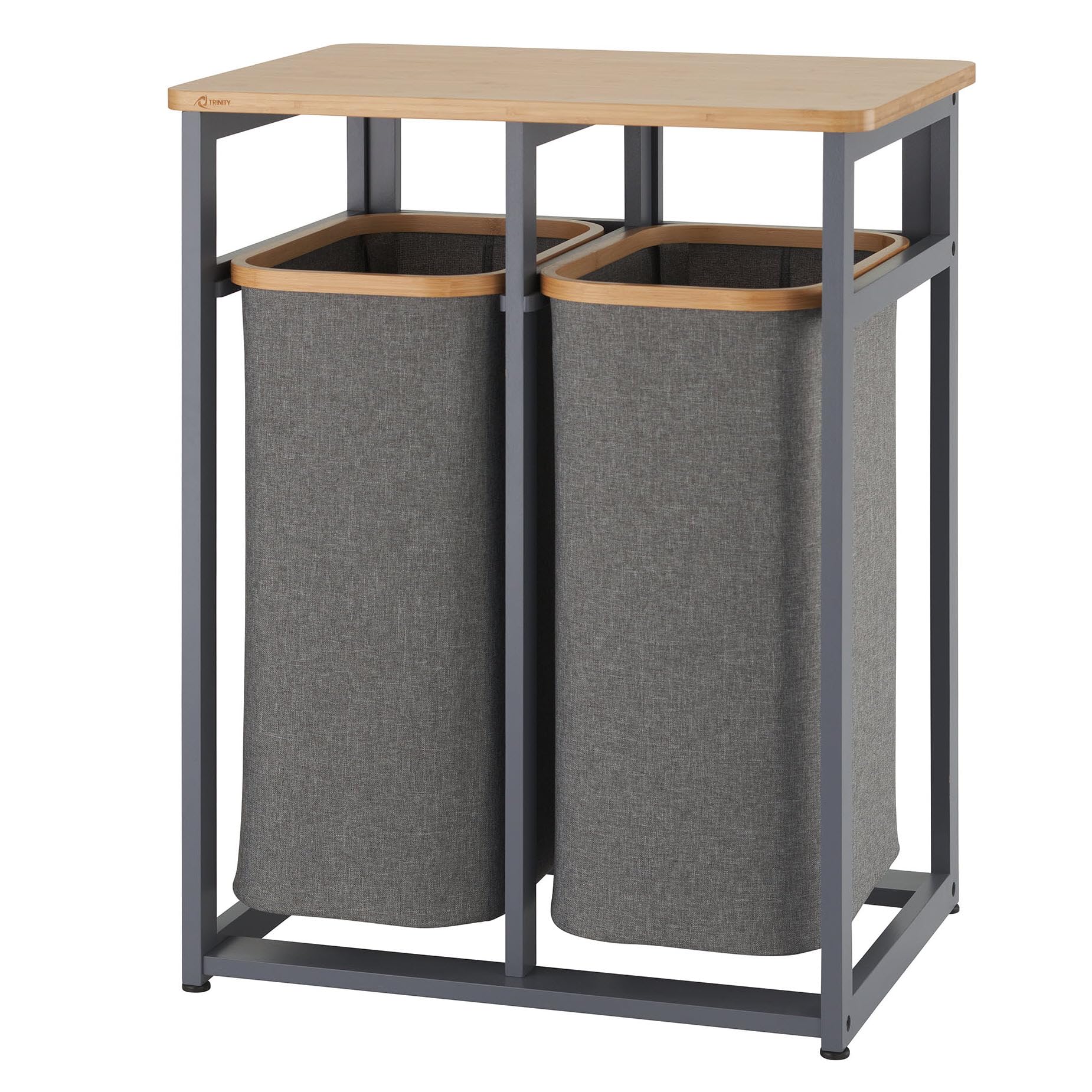 TRINITY EcoStorage Bamboo Wood Laundry Organizer Station with Folding Shelf and 2 Pull-Out Removeable Hamper Bags, Dark Gray