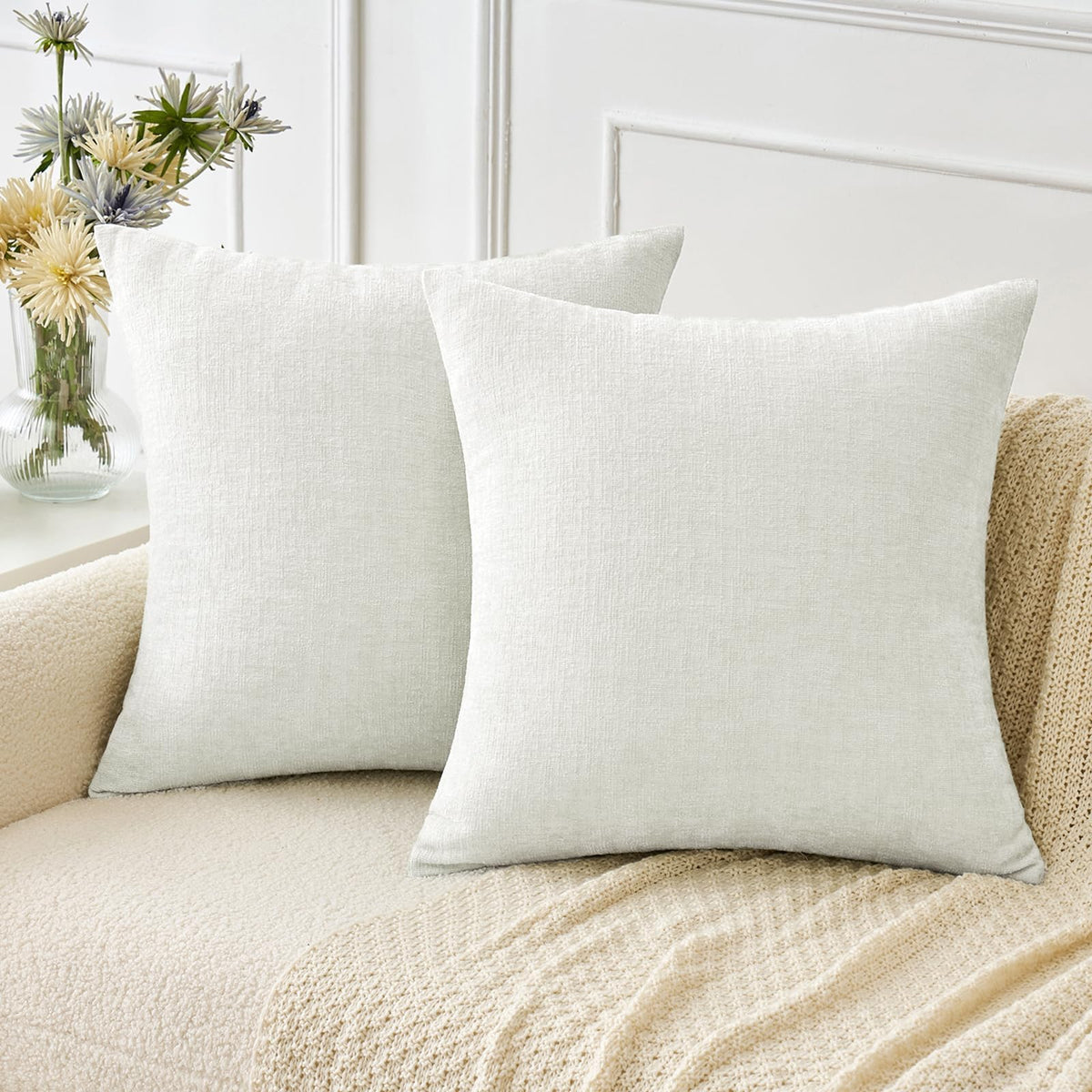 Miulee Pack Of 2 Couch Throw Pillow Covers 20X20 Inch Soft White Chenille Pillow Covers For Sofa Living Room Solid Dyed Pillow C