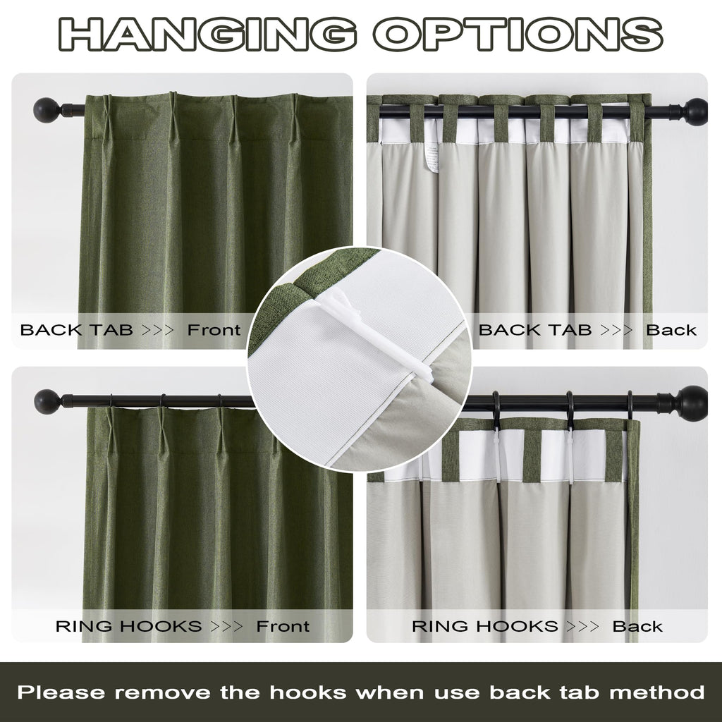 Dualife Olive Green Pinch Pleated Curtains 84 Inches Long Burg,Back Tab With Hooks, Cooling Heat Reflective Linen Drapes For Bed