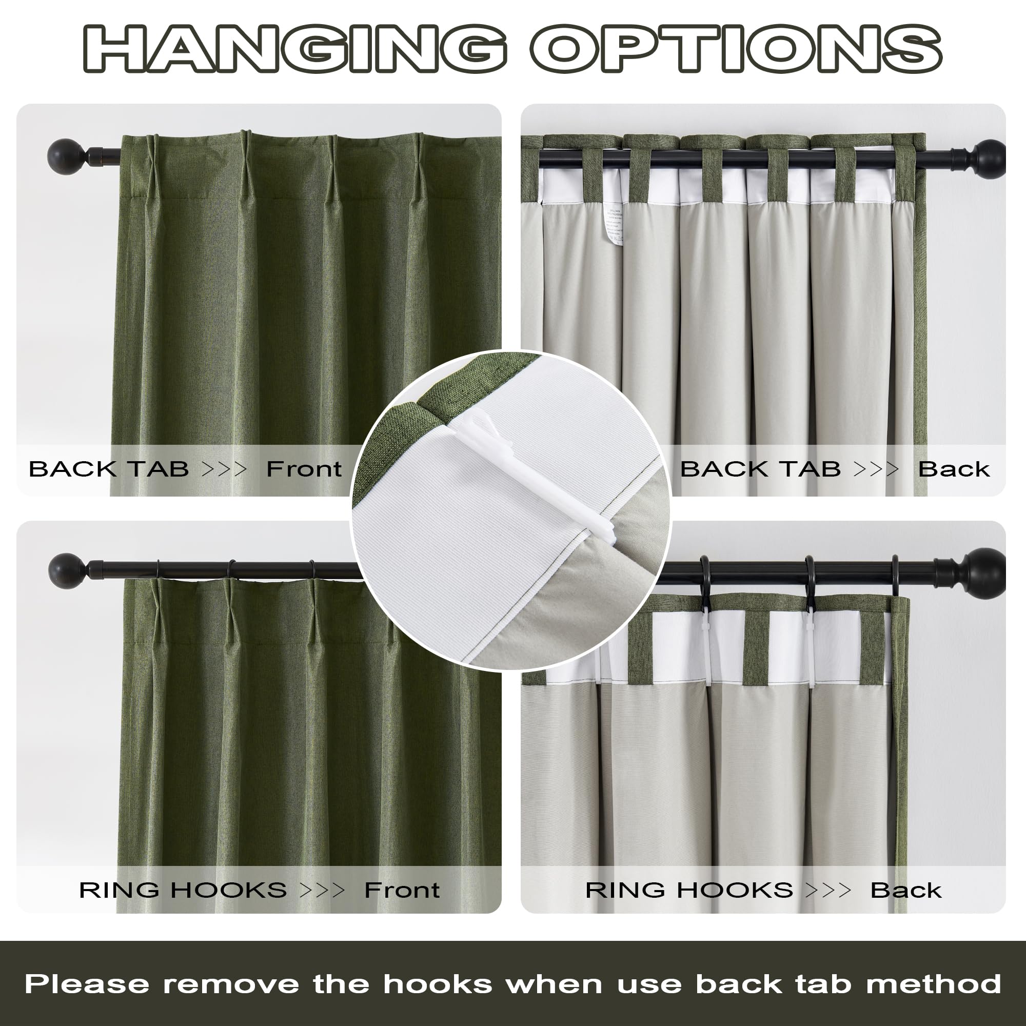 Dualife Olive Green Pinch Pleated Curtains 84 Inches Long Burg,Back Tab With Hooks, Cooling Heat Reflective Linen Drapes For Bed