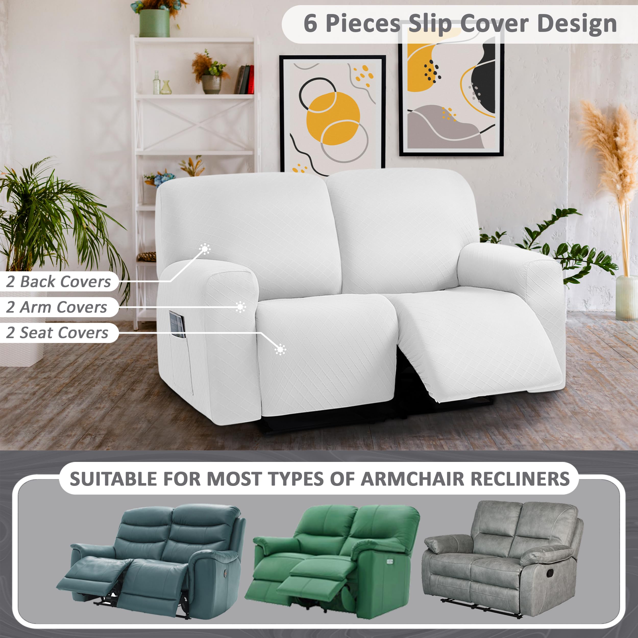 Ulticor Jacquard Loveseat Recliner Slipcover, 6-Piece, 48-65'' L, Washable, White