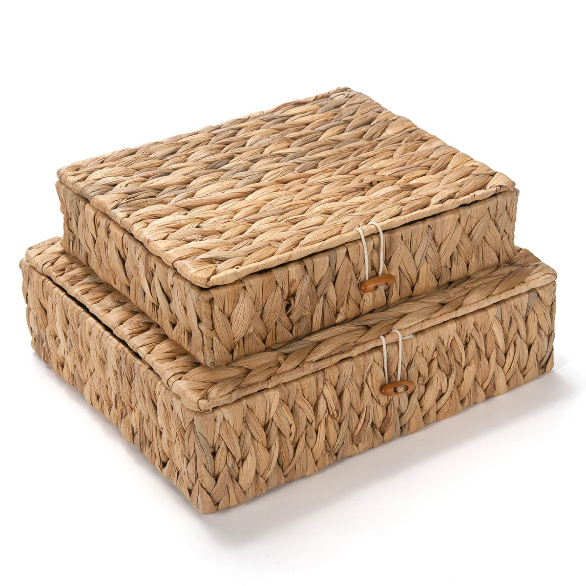 Wicker Storage Basket with Lid, Flat Water Hyacinth Baskets, Shallow Woven Basket for Shlef, Decorative Storage Boxes for Organi