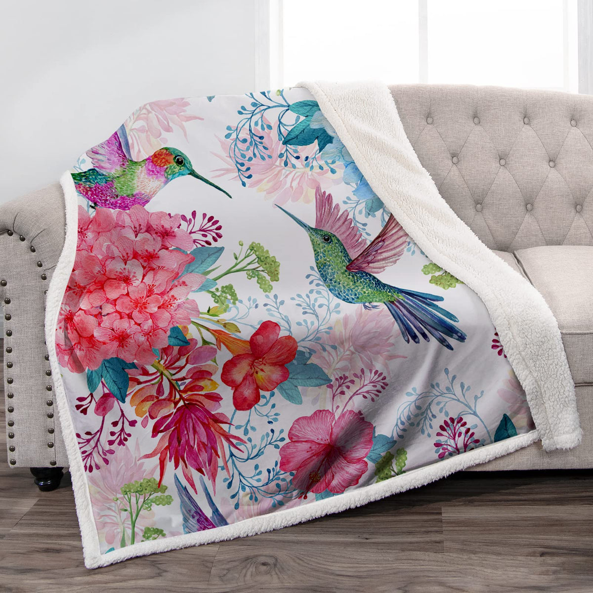 Jekeno Hummingbird Floral Blanket Gifts For Women Kids Girls Mom Pink Flowers Bird Home Bedroom Mother'S Day Decor Soft Cozy Lig