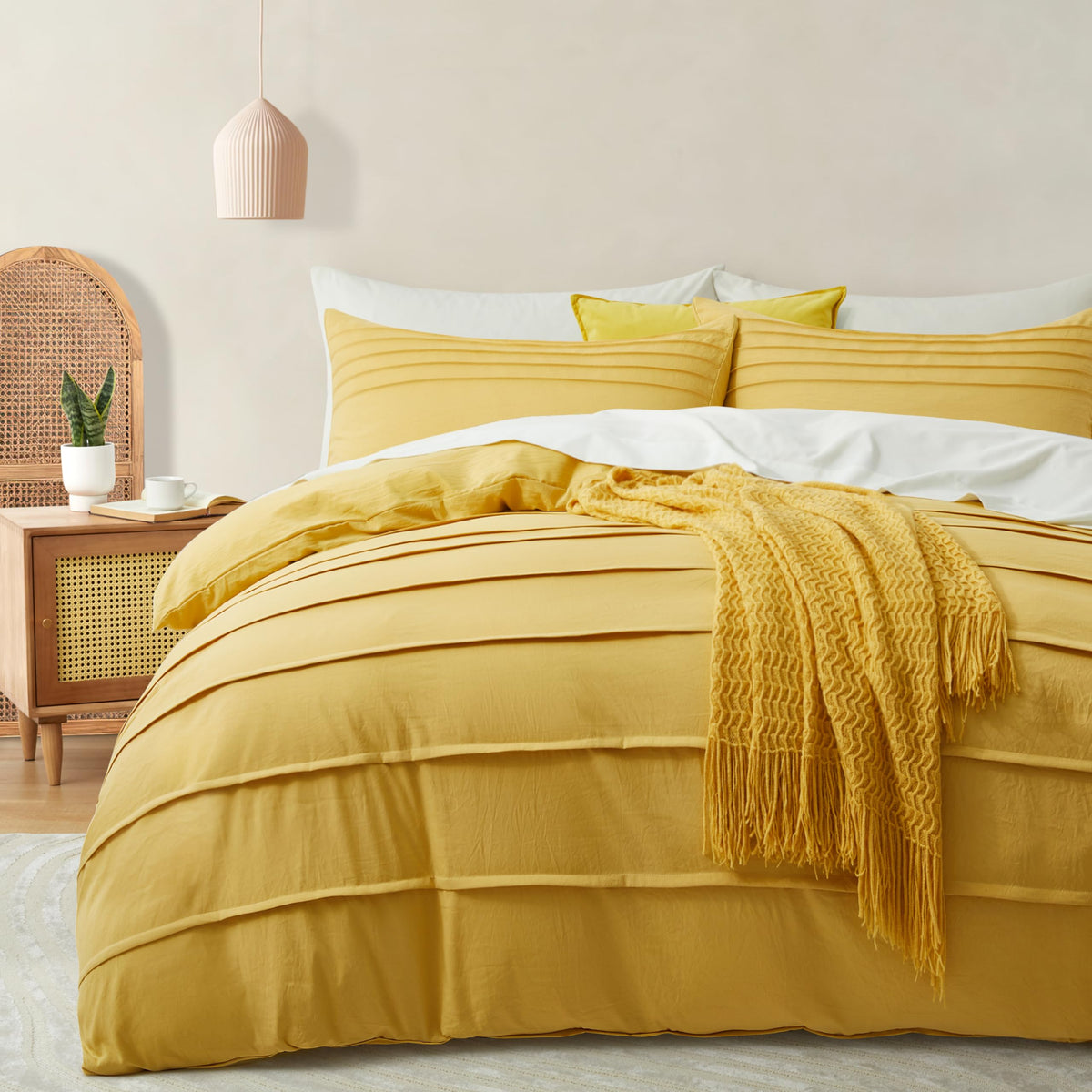 Oli Anderson Mist Yellow Duvet Cover Queen Size - Pleated Queen Duvet Cover, 3Pcs Soft And Breathable Textured Bedding Set With