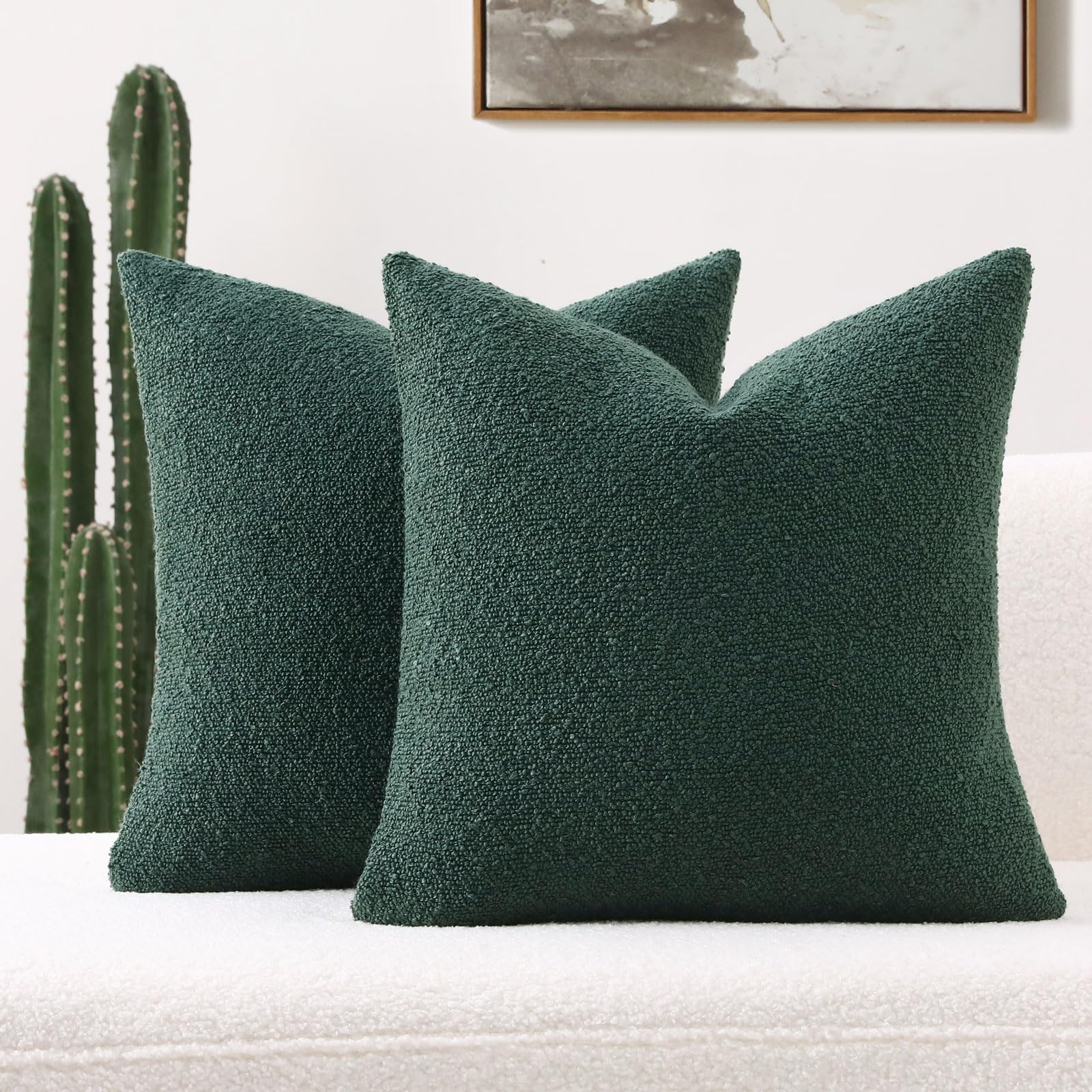 Futei Pack Of 2 Christmas Green Boucle Accent Decorative Throw Pillow Covers,24X24 Inch Soft Solid Textured Euro Pillow Shams,Ho