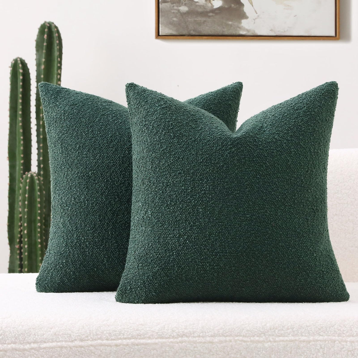 Futei Pack Of 2 Christmas Green Boucle Accent Decorative Throw Pillow Covers,22X22 Inch Soft Solid Textured Cushion Case,Home De