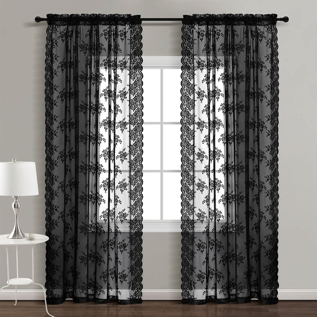 Kotile Black Lace Curtains 90 Inches Long For Living Room, 2 Panels Rustic Floral Vintage Gothic Black Sheer Curtains Halloween