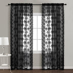 Kotile Black Lace Curtains 90 Inches Long For Living Room, 2 Panels Rustic Floral Vintage Gothic Black Sheer Curtains Halloween