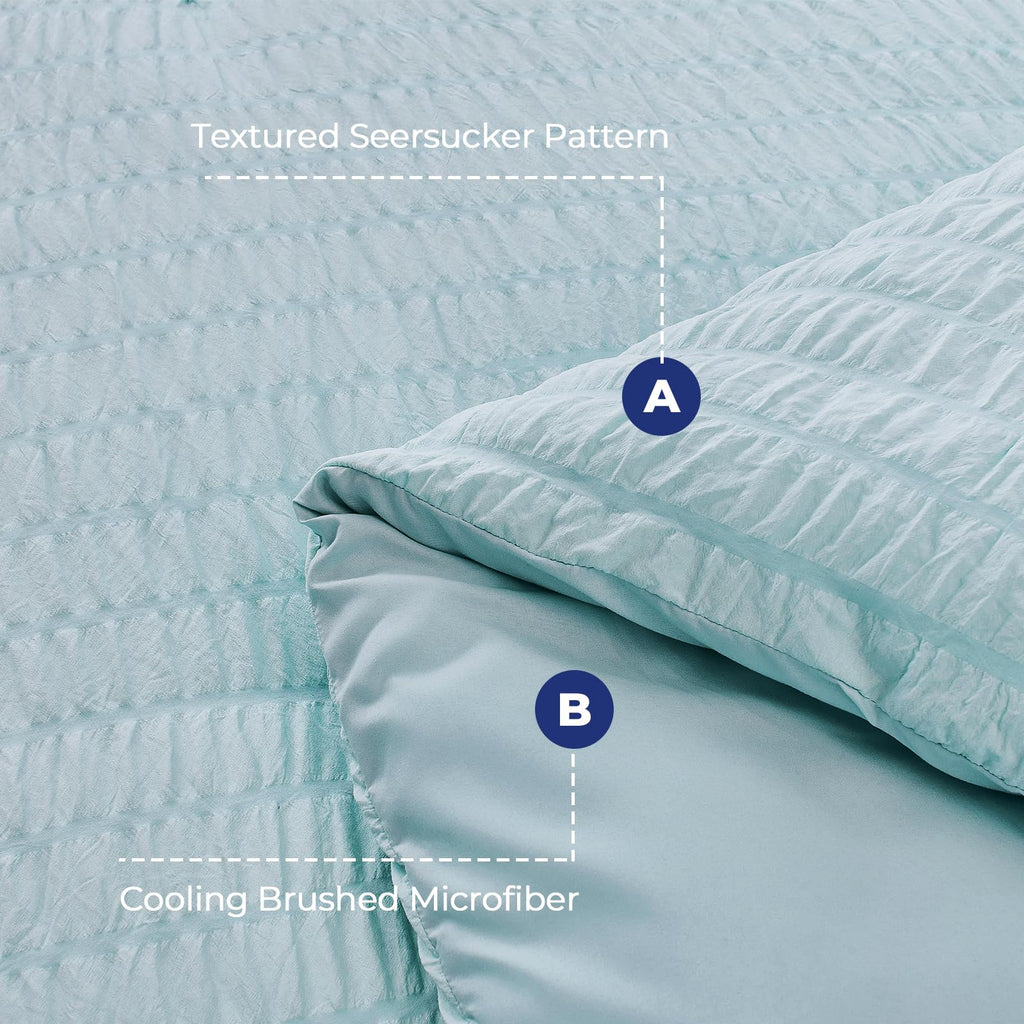 Hymokege Lake Blue Queen Comforter Set Seersucker 7 Pieces, All Season Luxury Bed In A Bag For Bedroom, Bedding Set With Comfort
