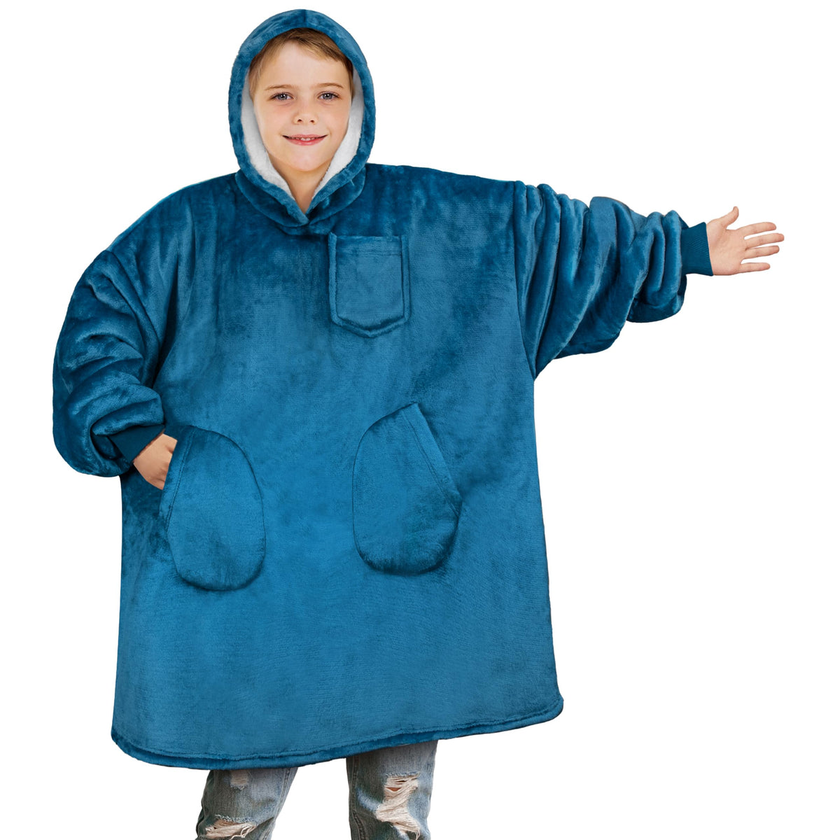 Pavilia Wearable Blanket Sweatshirt For Kids Boy Girl Sea Blue Turquoise, Warm Cozy Giant Blanket Hoodie, Fleece Sherpa Oversize