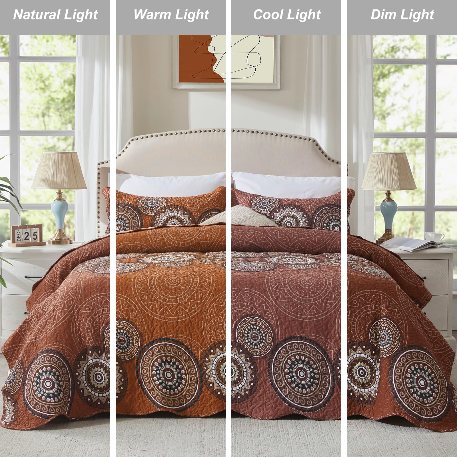 Leaonme 3 Pieces King Size Burnt Orange Rust Quilt Set Lightweight Oversized Bedspread 98''X106'' Soft Microfiber Floral Coverle