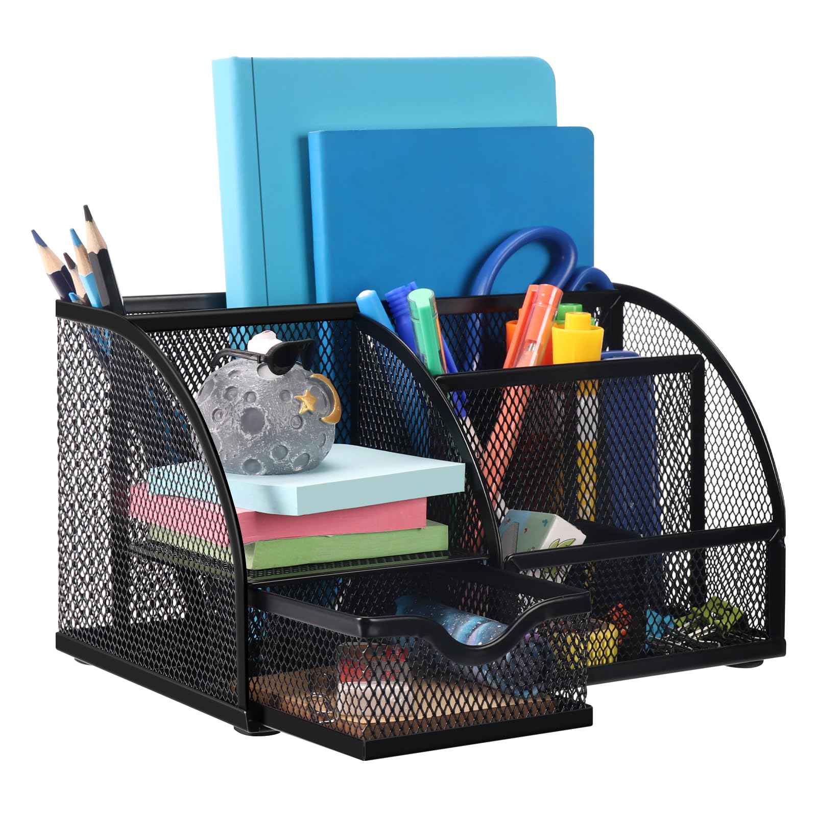 Comix Mesh Desktop Organizer Caddy For Office, 7 Compartments For Sticky Notes, Staplers, And Pens - Black