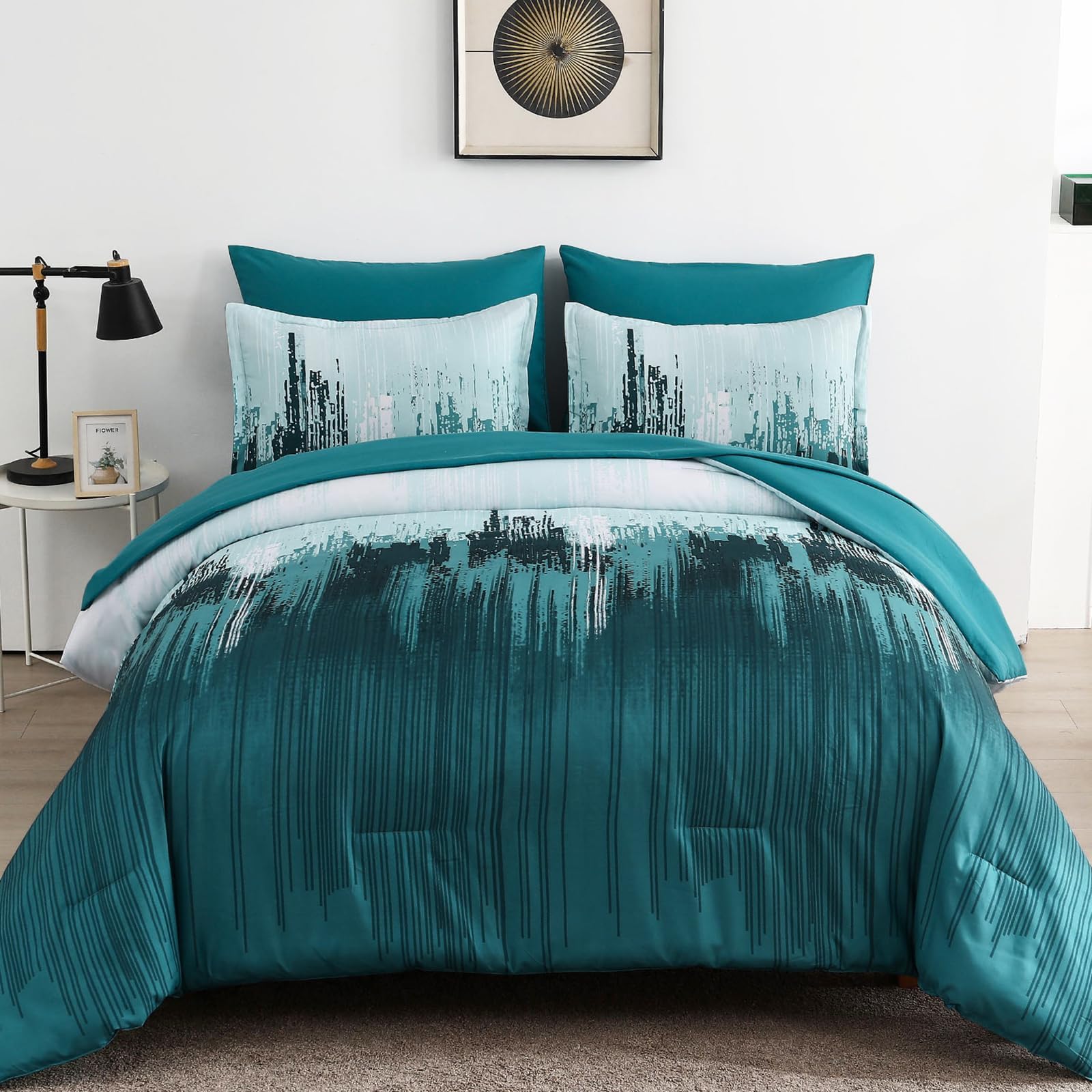 Wongs Bedding Comforter Set King, Teal Green 7 Pieces Bed In A Bag Colorful Abstract Art Gradient Comforter Soft Microfiber Bedd