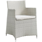 Modway Junction Wicker Rattan 7-Piece Outdoor Patio Dining Set with 63" Dining Table and Six Dining Armchairs with Cushions in Gray White