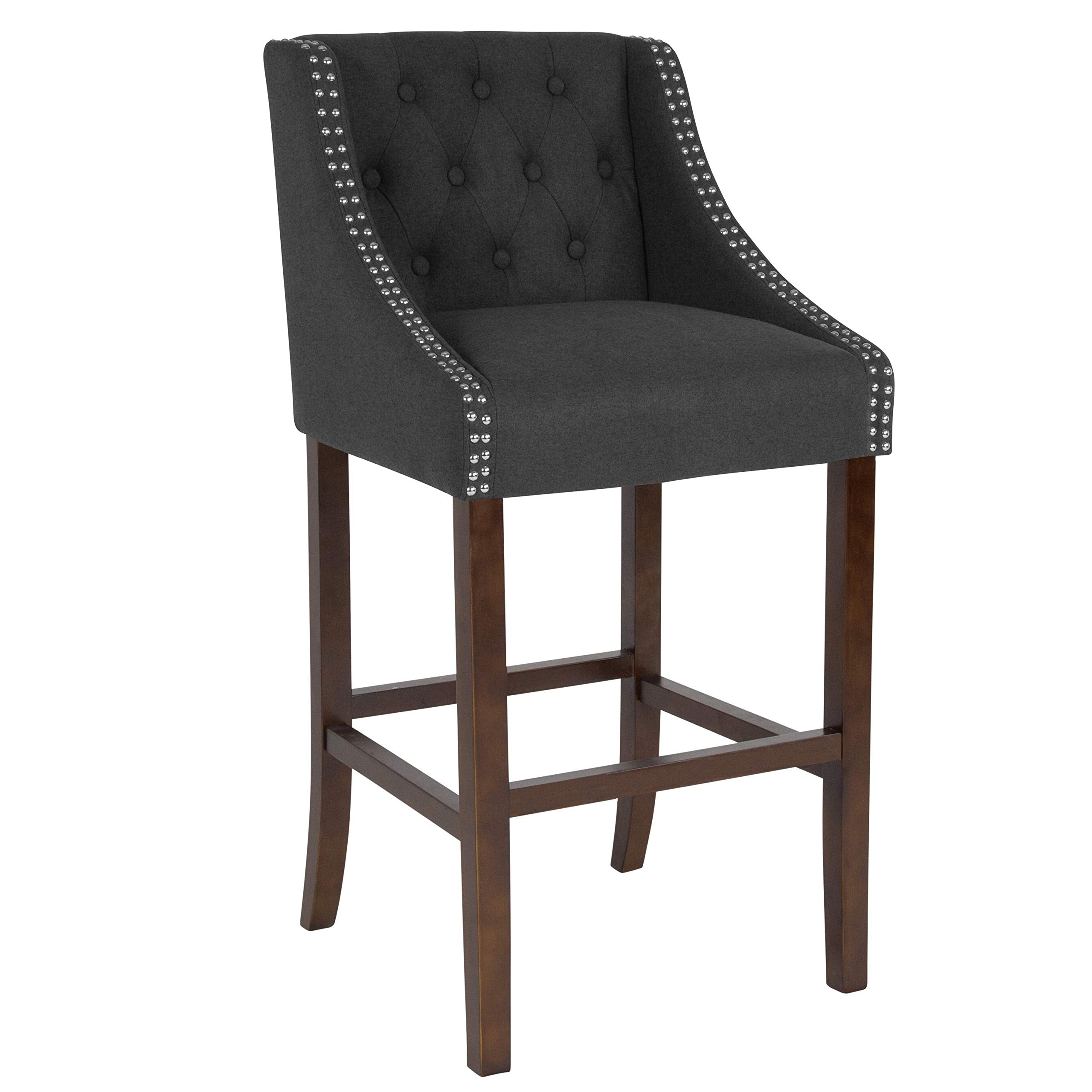 Flash Furniture Carmel Series 30' High Transitional Tufted Walnut Barstool With Accent Nail Trim In Charcoal Fabric