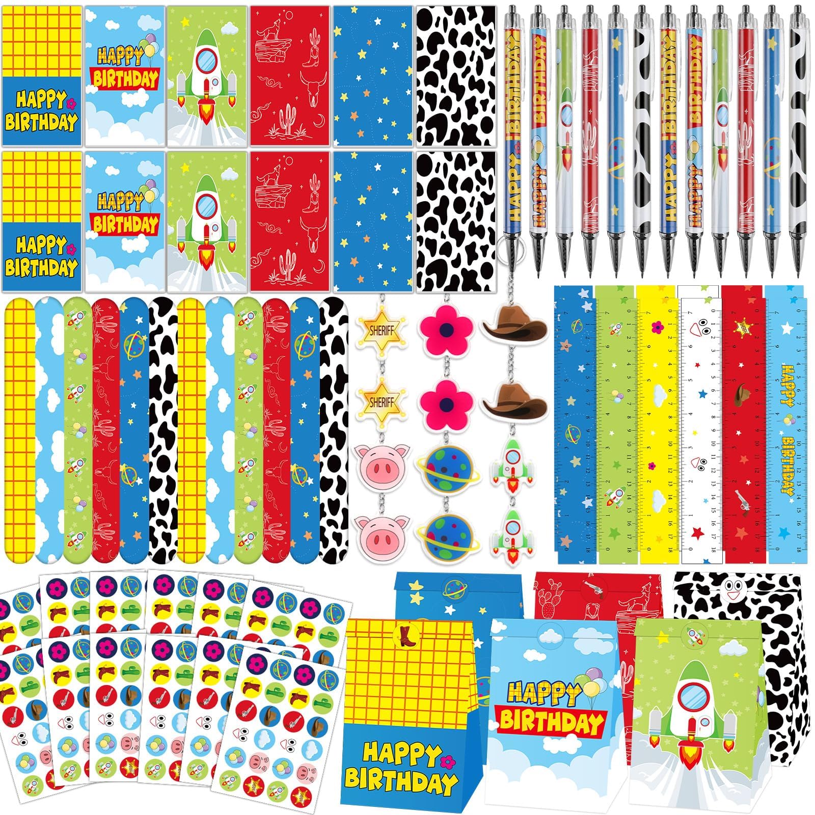 12 Sets Cartoon Story Party Favors Include Cartoon Themed Notepads Paper Gift Bags Slap Bracelets Key Chains Pens Inspired Game 