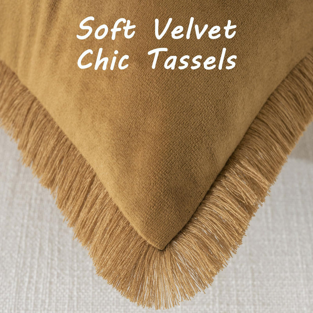 Futei Brown Boho Throw Pillow Covers With Tassels 20X20 Inch Set Of 2,Soft Velvet Decorative Cushion Case,Home Decor For Couch B