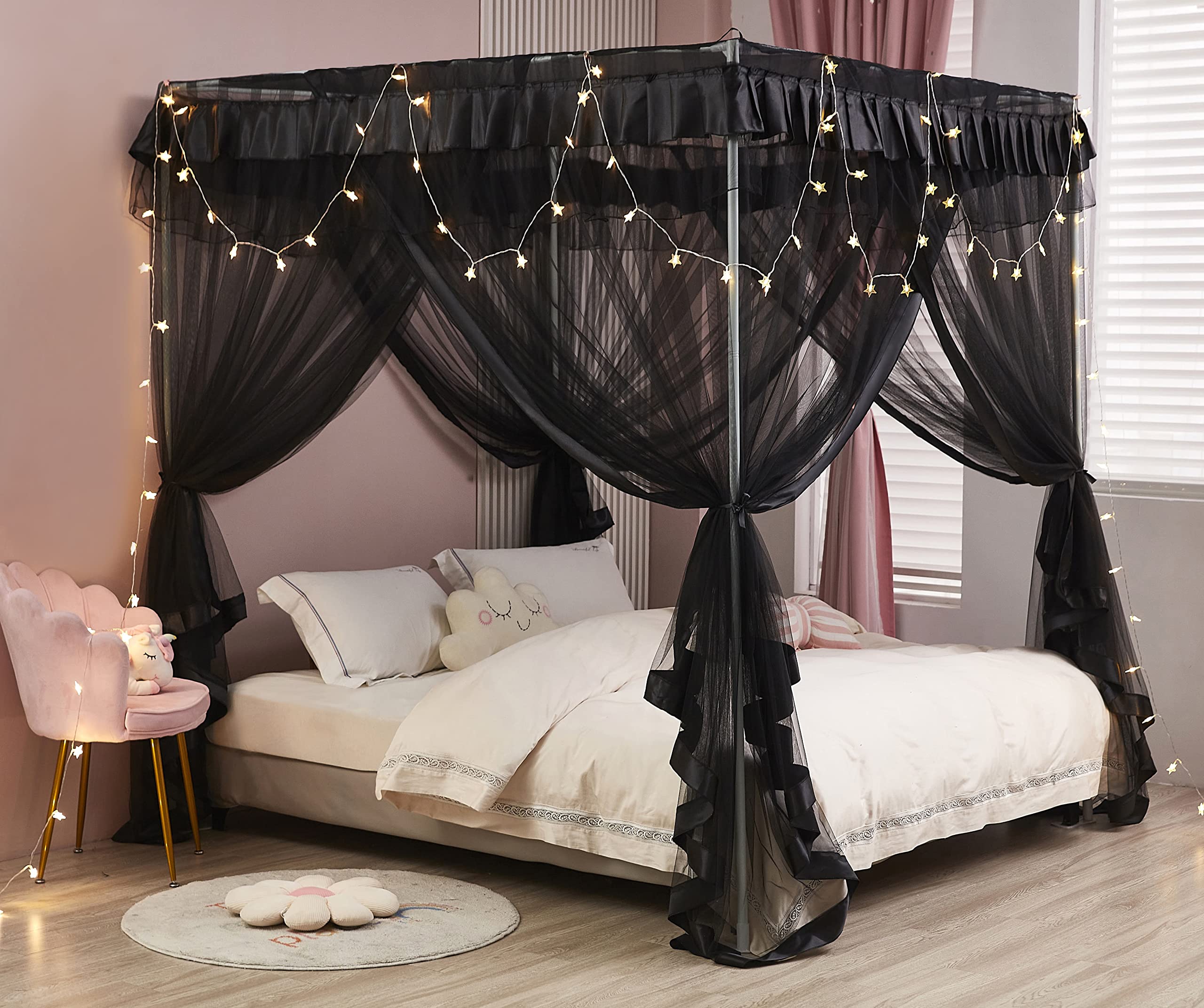 Mengersi 4 Corner Post Bed Canopy Bed Curtains Mosquito Net Bedroom Decoration Accessories (Twin, Black)