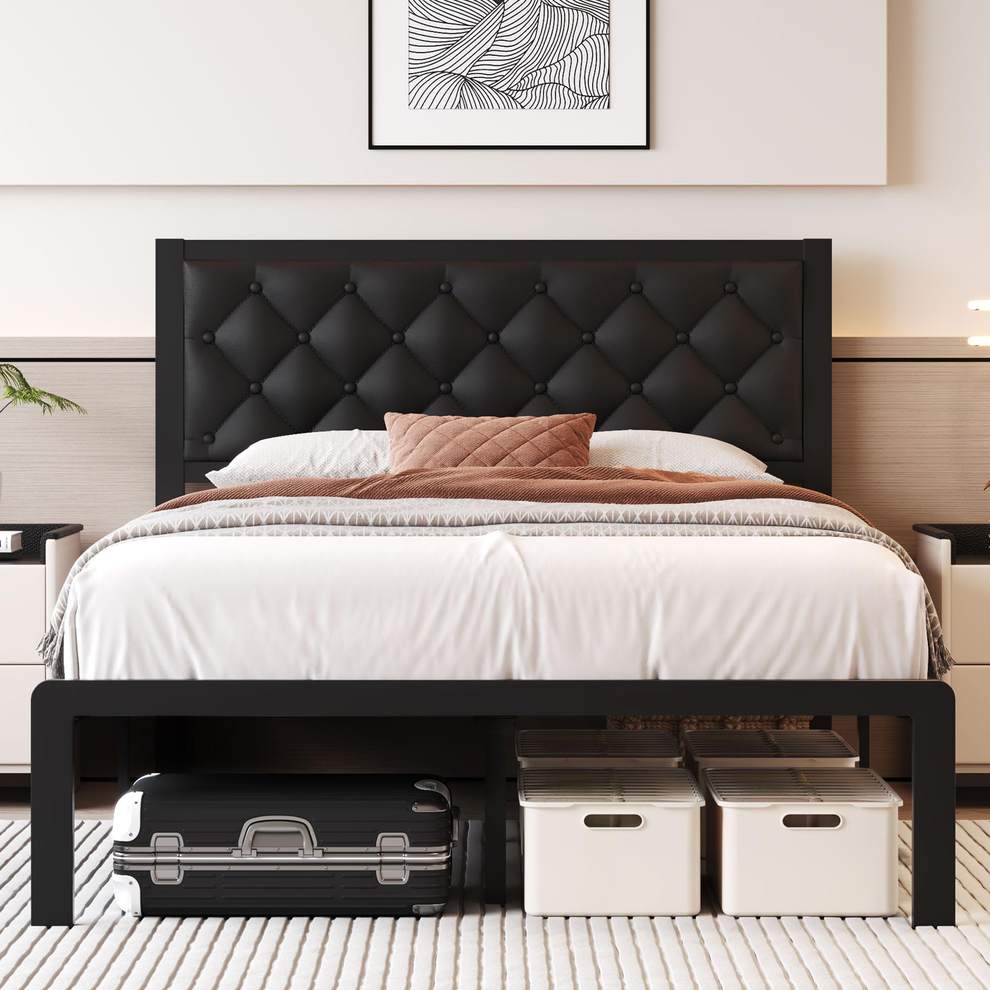 Fluest Full Bed Frame With Headboard Pu Leather Upholstered Bed Frame Platform,All Metal Slats Support Platform Bed Frame With Storage Space,Easy Assembly,Noise Free,No Box Spring Needed,Black