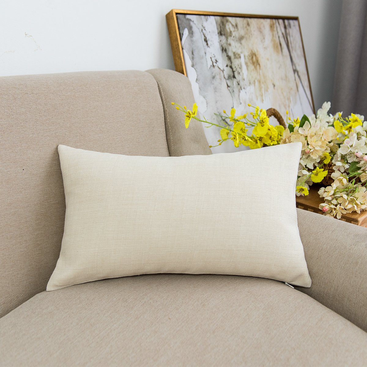 Jeanerlor Lined Linen White Throw Pillow Cover 12X20 Inch Cushion Case From Home Decor For Baby/Children, (30 X 50 Cm), Light Li