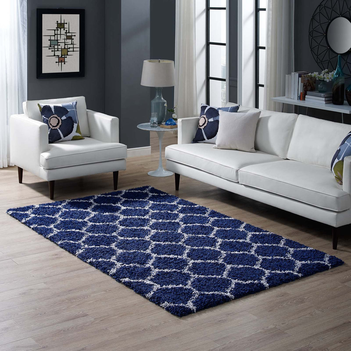 Modway Solvea Moroccan Trellis 5X8 High Pile Shag Area Rug With Lattice Design In Ivory And Navy