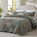 LEAONME 3-Piece Full Queen Size Olive Green Quilt Set Lightweight Oversized Bedspread 90''x98'' Soft Microfiber Floral Coverlet 