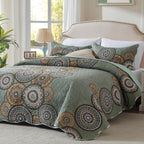 LEAONME 3-Piece Full Queen Size Olive Green Quilt Set Lightweight Oversized Bedspread 90''x98'' Soft Microfiber Floral Coverlet 