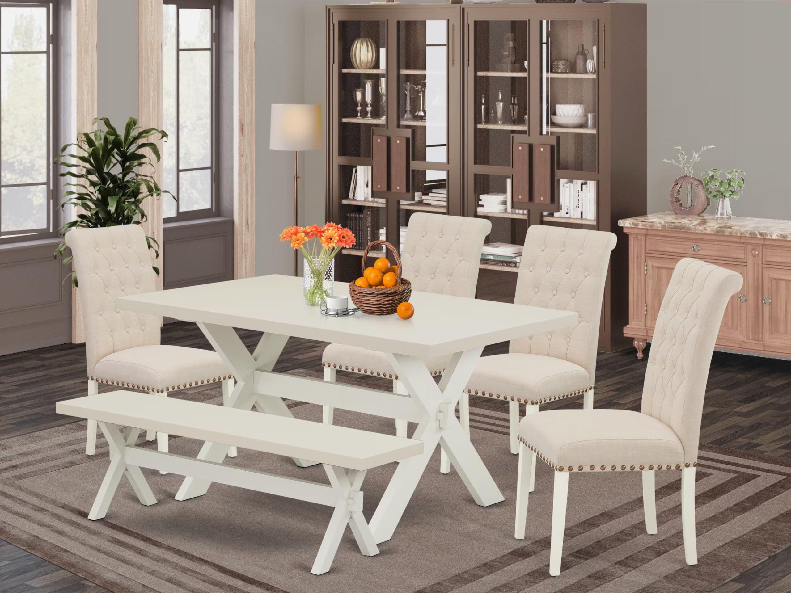 East West Furniture X026Br202-6 6 Piece Kitchen Table Set Contains A Rectangle Dining Table With X-Legs And 4 Light Beige Linen Fabric Parson Chairs With A Bench, 36X60 Inch, Multi-Color