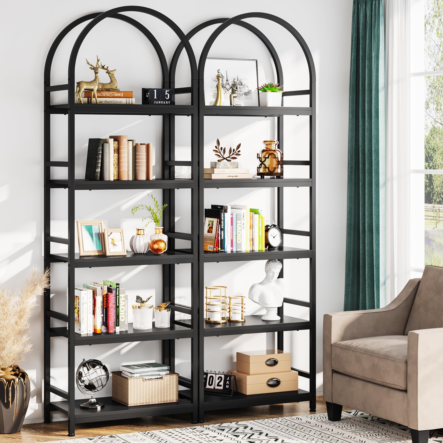 Tribesigns 5-Tier Open Bookshelf Set Of 2, 74.4' Wood Bookcase Storage Shelves With Metal Frame, Freestanding Display Rack Tall Shelving Unit For Office, Bedroom, Living Room (Black, 2Pcs)