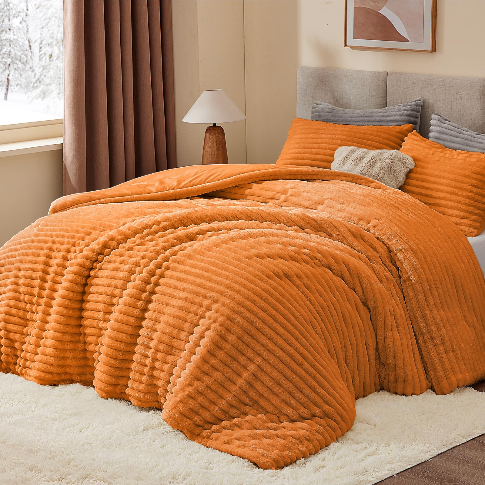 Bedelite Fleece Queen Comforter Set -Super Soft & Warm Fluffy Burnt Orange Bedding, Luxury Fuzzy Heavy Bed Set For Winter With 2