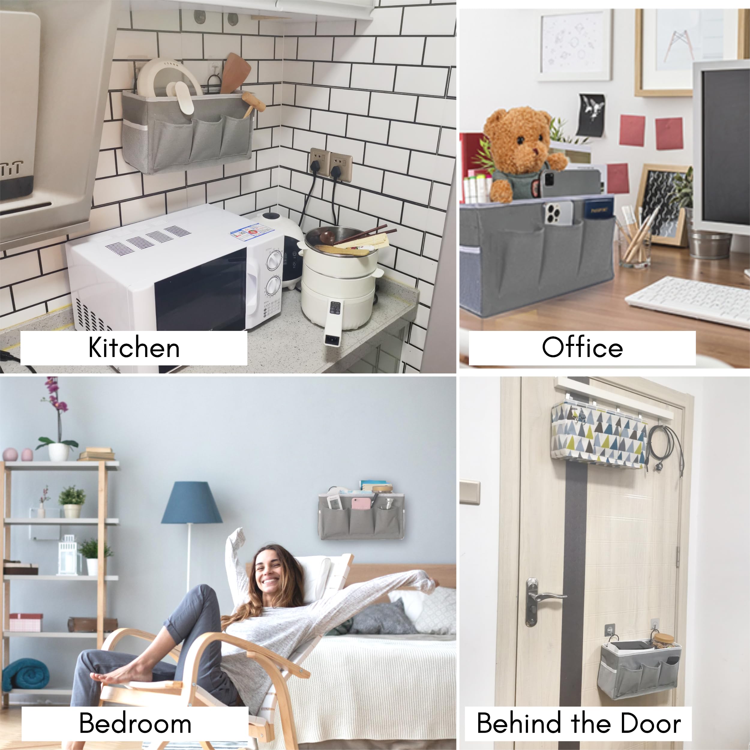 Kanrichu 2Pcs 3-Pockets Large Wall Hanging Organizer Bag, Linen Fabric Door Hanging Storage Baskets With Pockets, Waterproof Bin