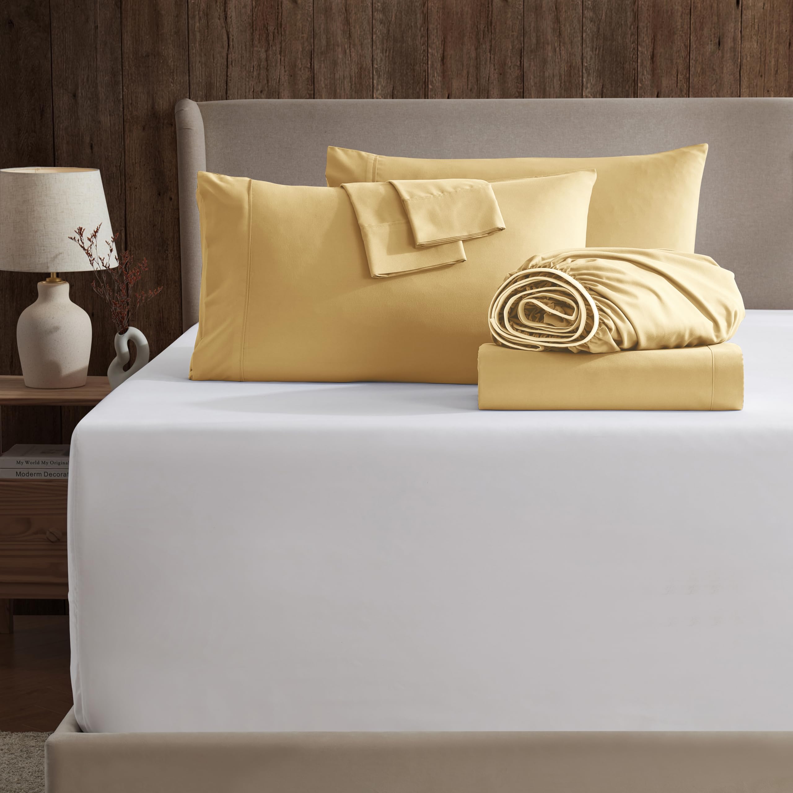 Nestl Extra Deep Pocket Split King Sheet Set - 7 Pc Soft Microfiber Split King Sheet Sets Deep Pocket - Fade Resistant Bedding Sheets & Pillowcases - Split King, Camel Gold