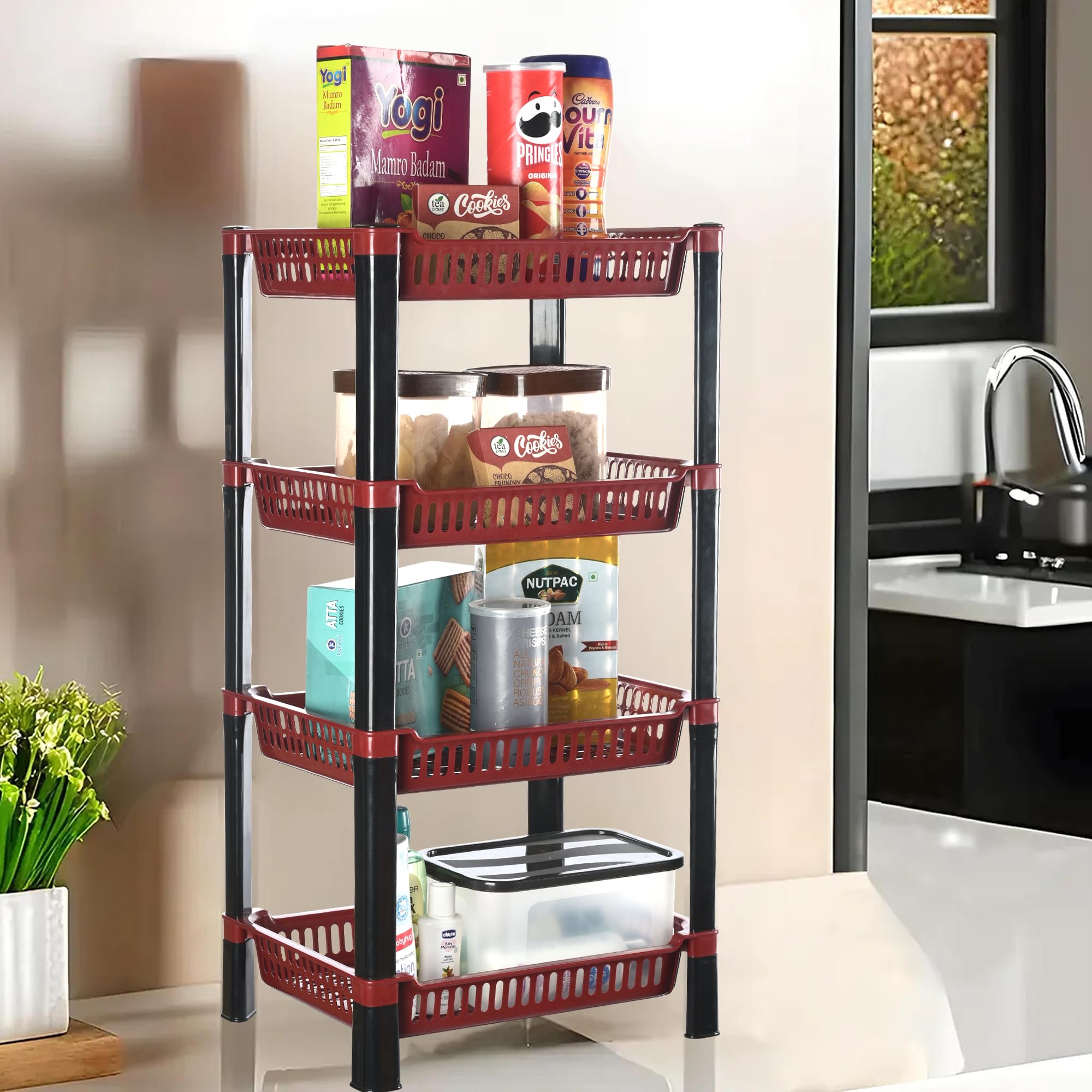 Kuber Industries Plastic 4Layer Multipurpose Kitchen Organizer/Storage Countertop Rack Tiered Shelf | Onion Stand For Kitchen |