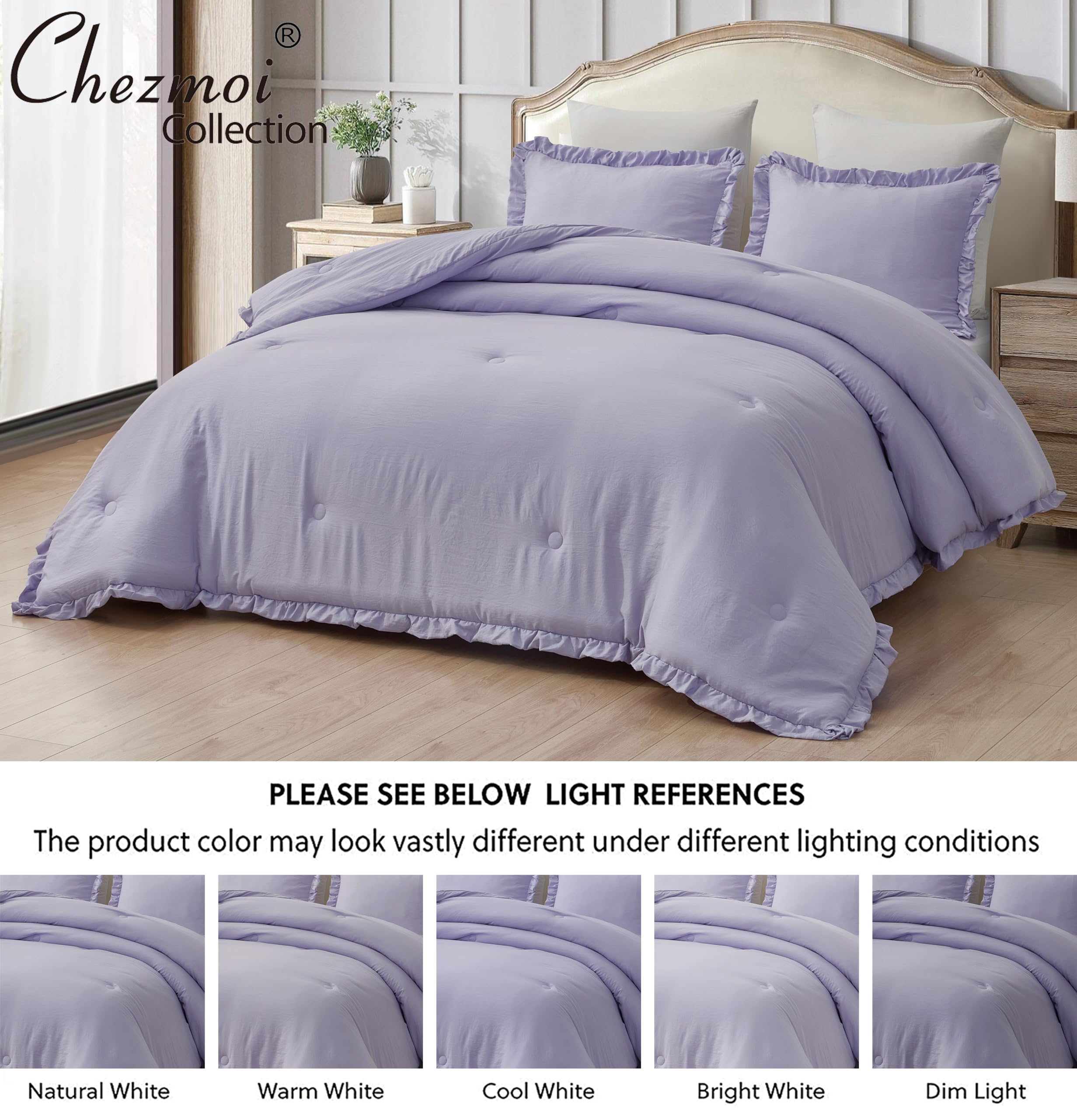 Chezmoi Collection Nora Lavender Comforter Set King Size 3-Piece Fluffy Soft Lightweight Bedding Ruffled Edge Trim Stone-Washed