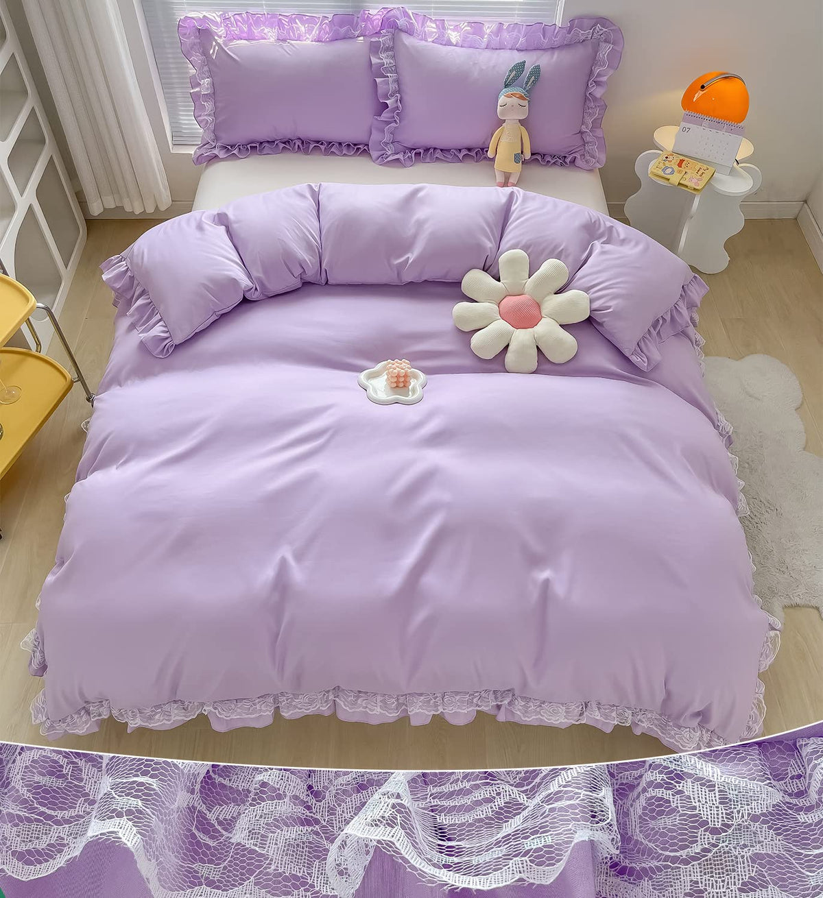 Moowoo Chic Ruffle Lace Polyester Duvet Cover Set -Girl Purple Bedding-2 Piece Twin Duvet Cover With Zipper Closure -Ultra Soft