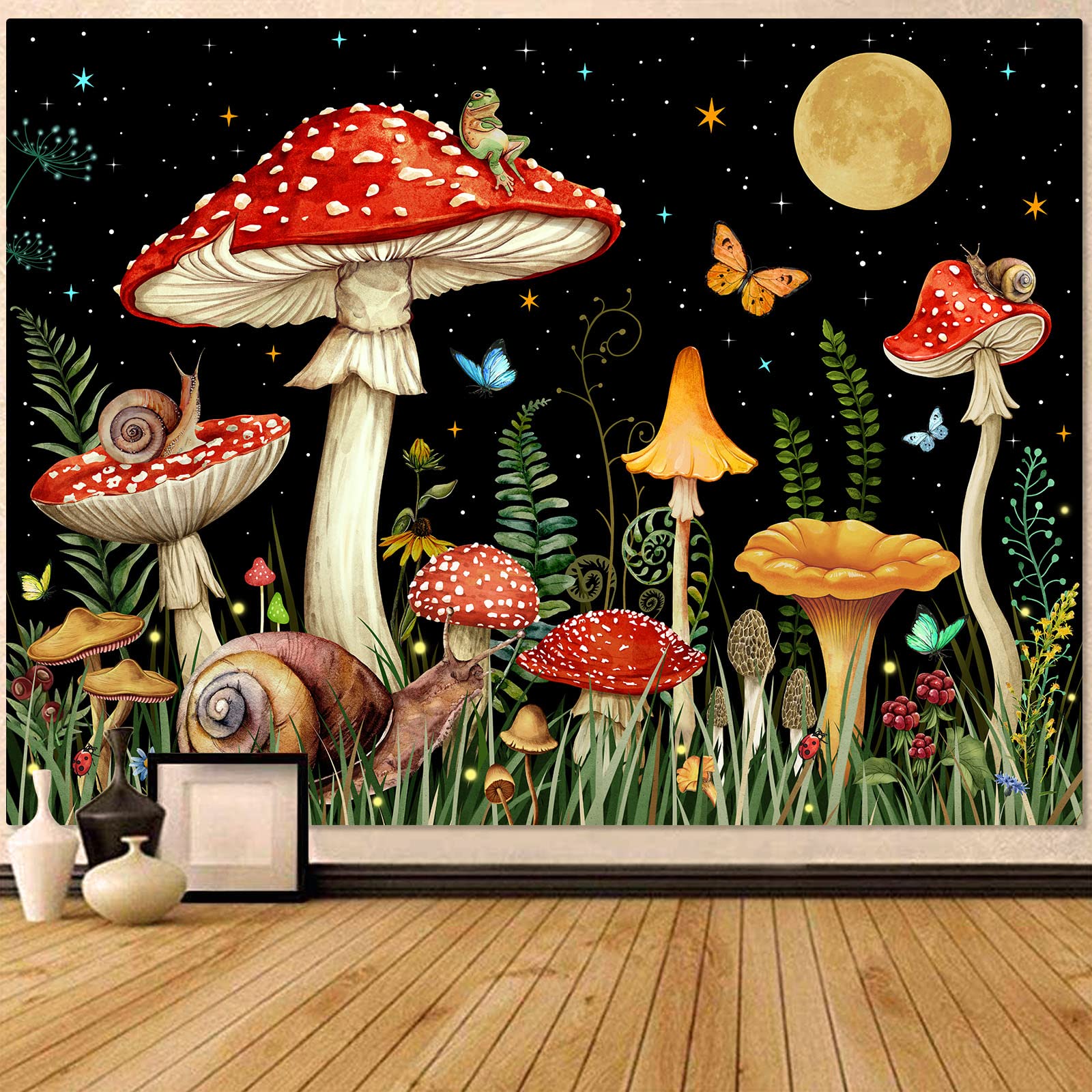 Zussun Red Mushroom Tapestry Moon Star Tapestries For Bedroom Aesthetic Starry Night Green Plant Tapastrys Wall Hanging Butterfl