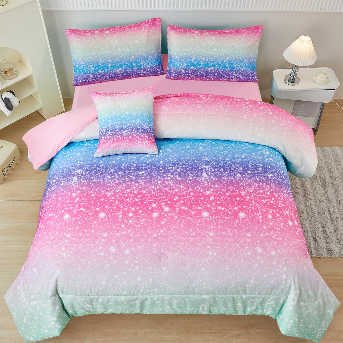 Perfemet Blue Green Twin Comforter Set For Girls, 6 Pcs Colorful Rainbow Kids Bedding Sets, Tie Dye Ombre Twin Comforter Set Wit