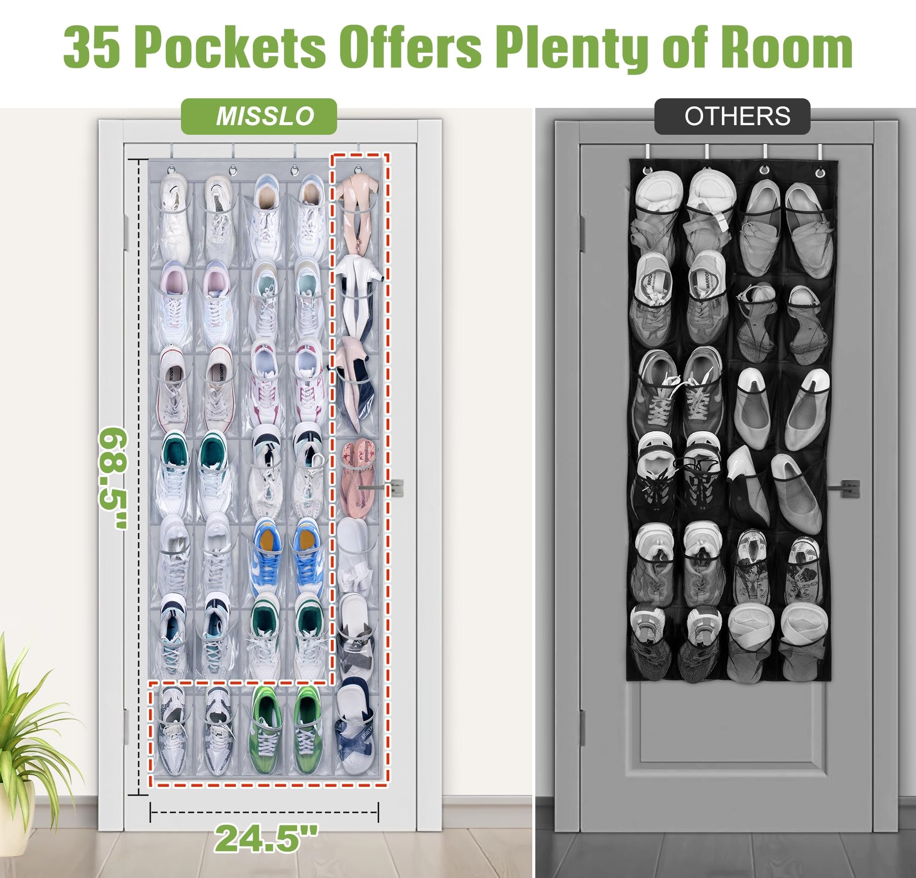 Misslo 35 Clear Large Pockets Over The Door Shoe Rack Sturdy Oxford Fabric Hanging Shoe Organizer For Door Shoe Holder Hanger, Grey
