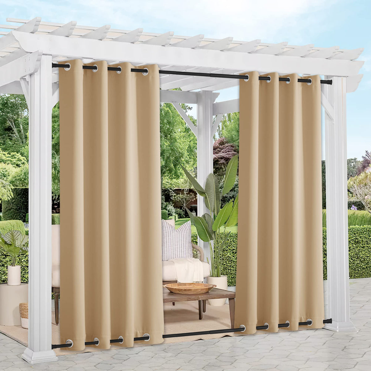 Nicetown 2 Panels Outdoor Curtains For Patio Waterproof, Sunlight Block Rustproof Grommet Top And Bottom Windbreak Thick Enough