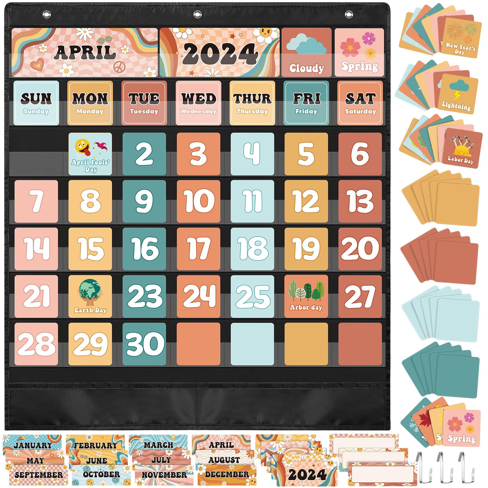 Pasimy Classroom Calendar Pocket Chart Retro Groovy Calendar Bulletin Board Set Boho Daisy Seasons Festival Weather Calendar Set