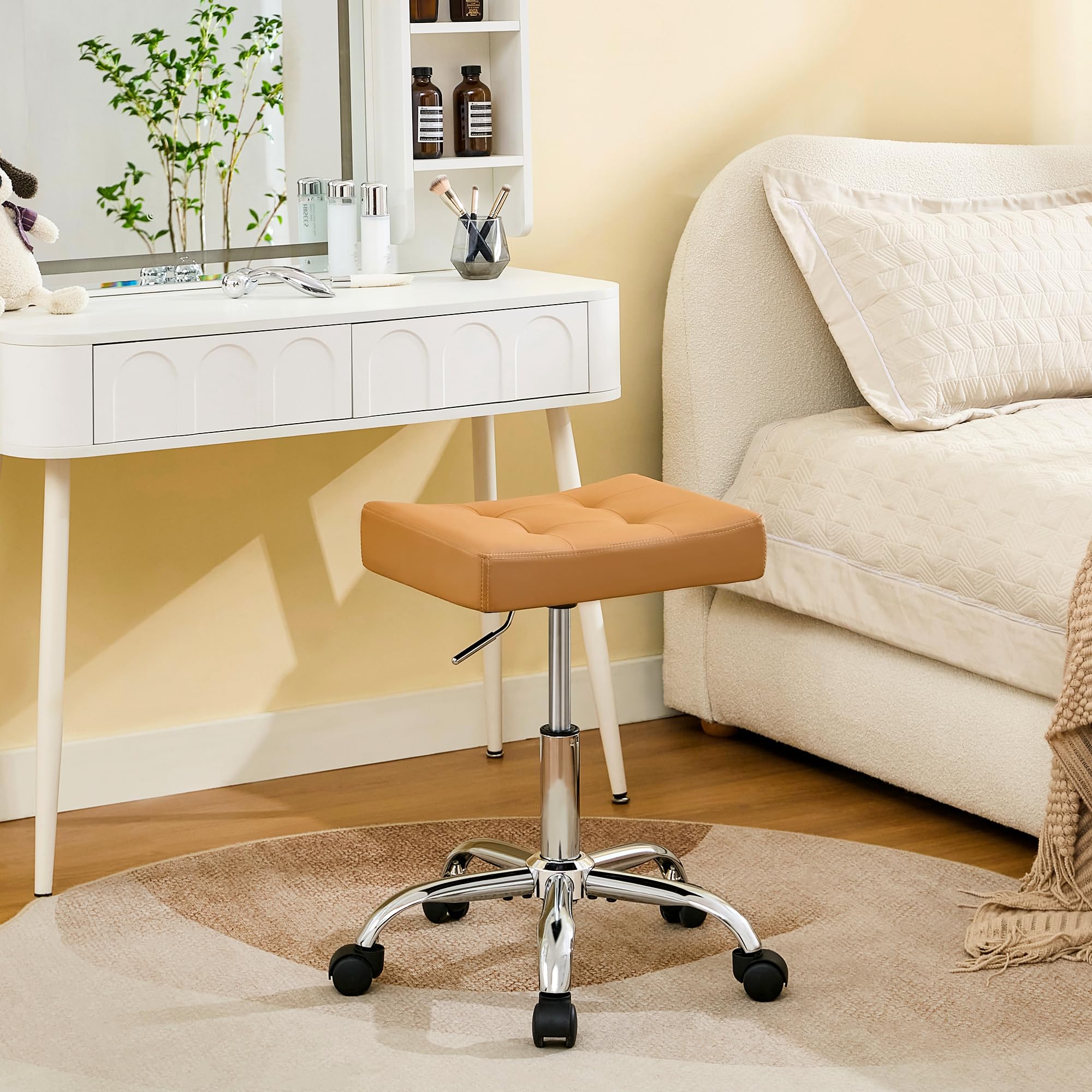 FIRAVOE Rolling Stool Adjustable Height (300lbs Capacity) (Sturdy Base) Multifunctional Nail Tattoo Vanity Massage Stool (Camel 