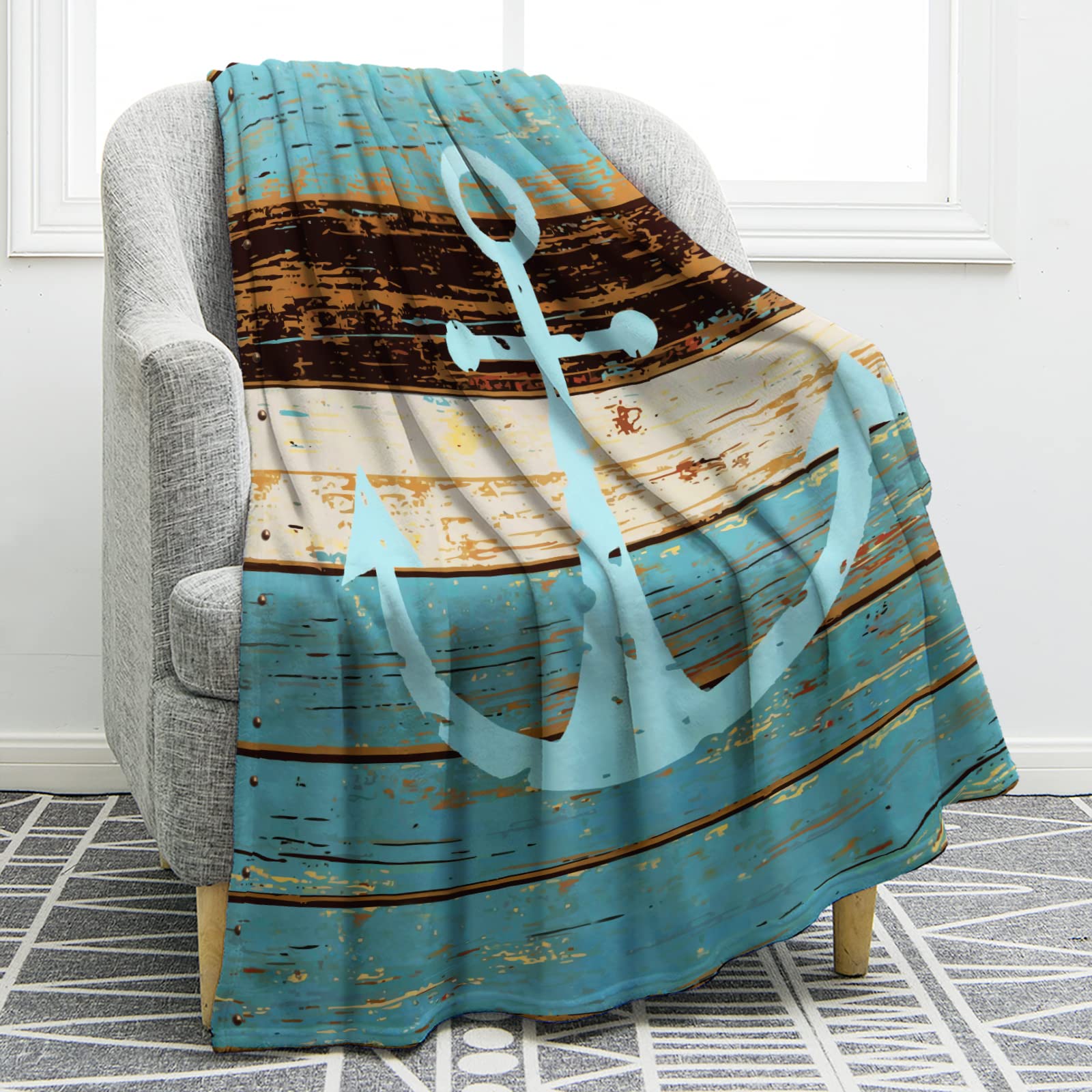 Jekeno Nautical Anchor Blanket Rustic Wood Anchor Print Gifts for Women Kids Boys Men Home Bedroom Living Room Decor Soft Cozy L