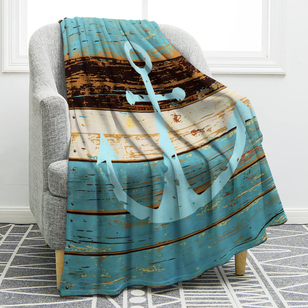 Jekeno Nautical Anchor Blanket Rustic Wood Anchor Print Gifts for Women Kids Boys Men Home Bedroom Living Room Decor Soft Cozy L