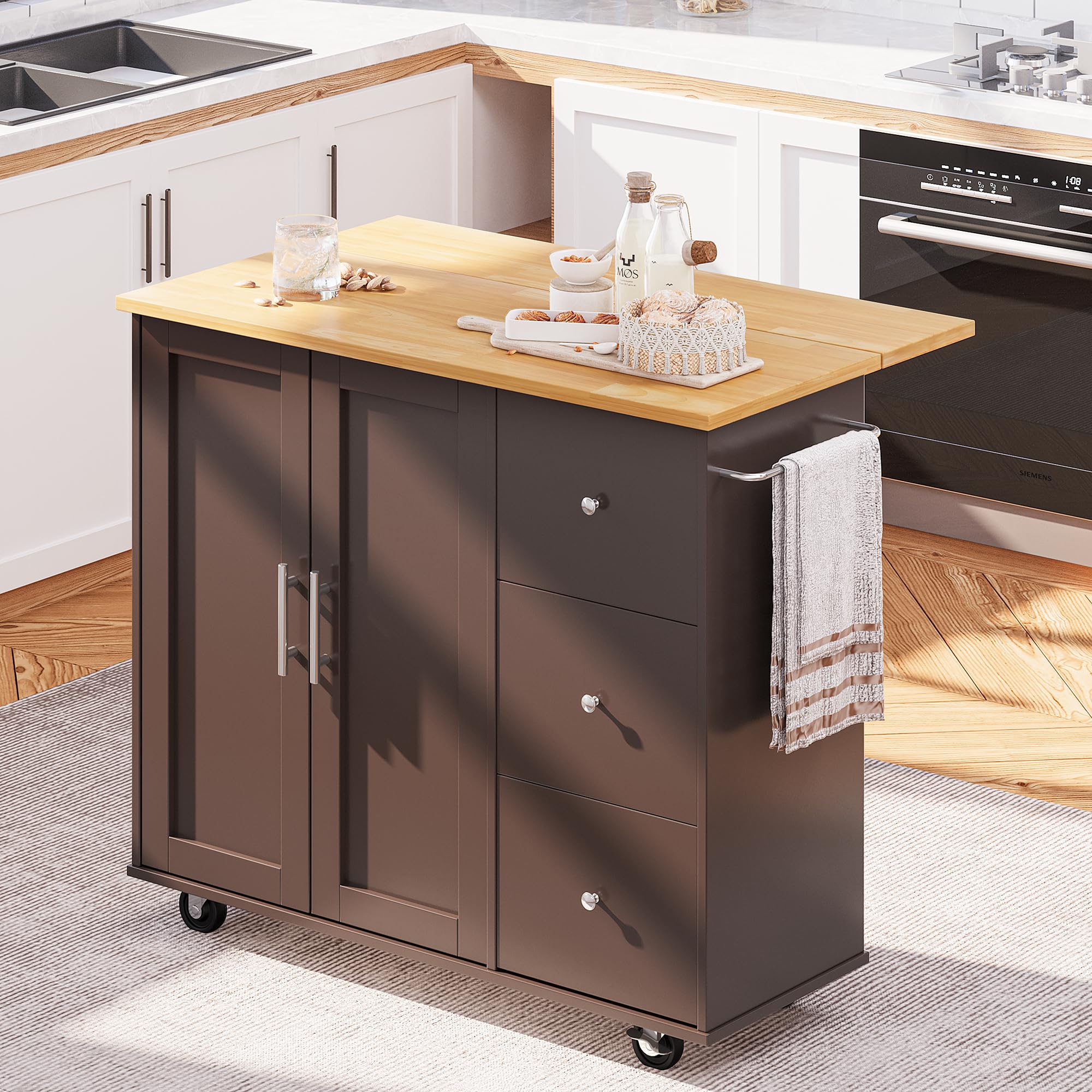 Sunlei Kitchen Island On Wheels With Storage Cabinet & Foldable Drop Leaf, Rolling Kitchen Table, Cart Handle For Towel Rack, Dr