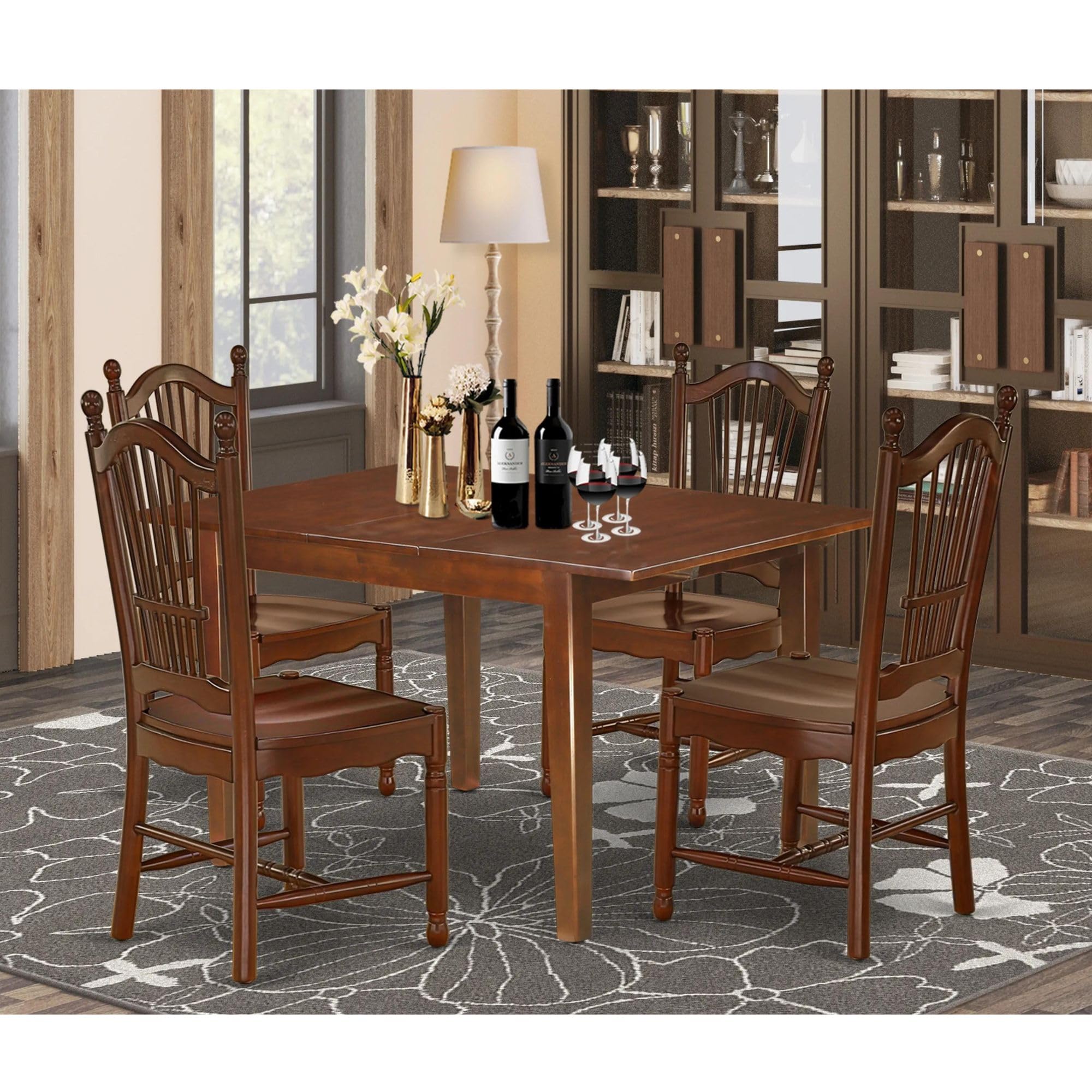 East West Furniture Mldo5-Mah-W Milan 5 Piece Kitchen Set Includes A Rectangle Dining Room Table With Butterfly Leaf And 4 Solid Wood Seat Chairs, 36X54 Inch, Mahogany
