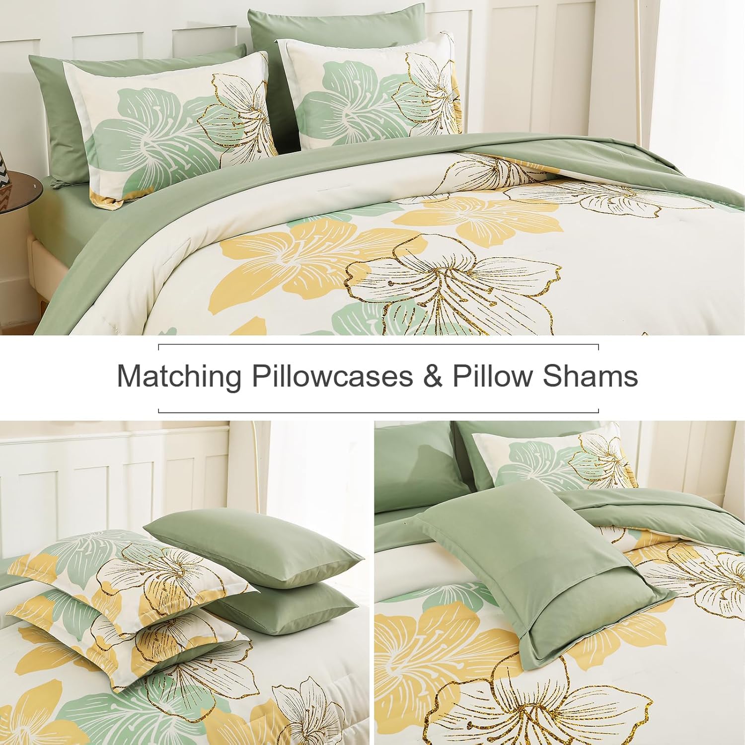 Luxudecor Sage Green Floral Comforter Set King Size, 7 Pieces Bed In A Bag Gold Glitter Metallic Comforter And Sheet Set, Soft M