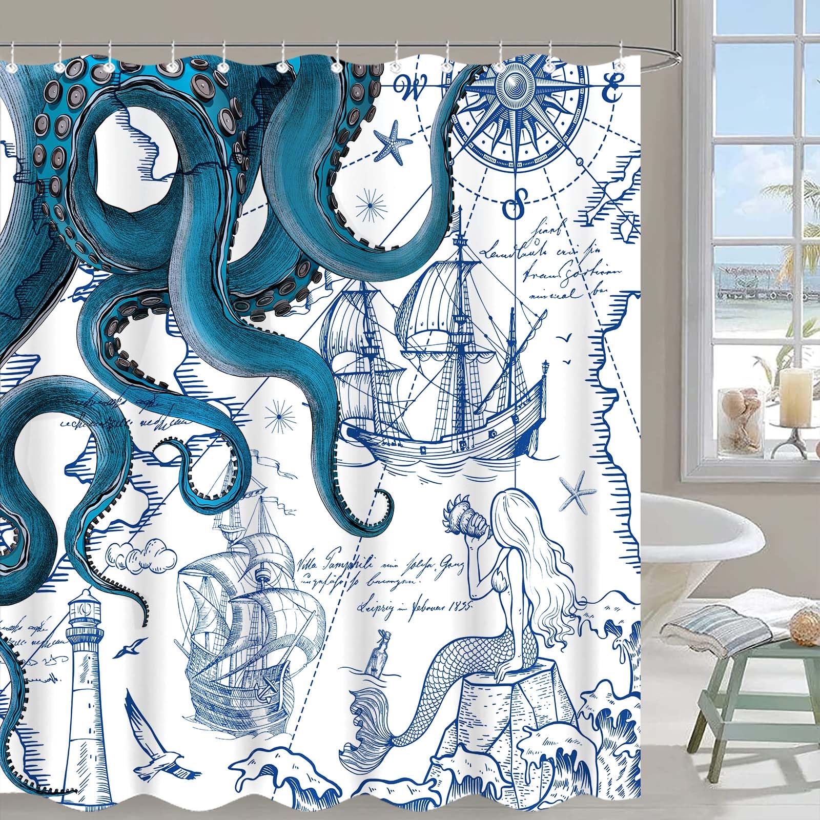 Fungarth Long Blue Nautical Octopus Shower Curtain Navy Mermaid Funny Ocean Kraken Shower Curtains for Bathroom Cool Anchor Coas