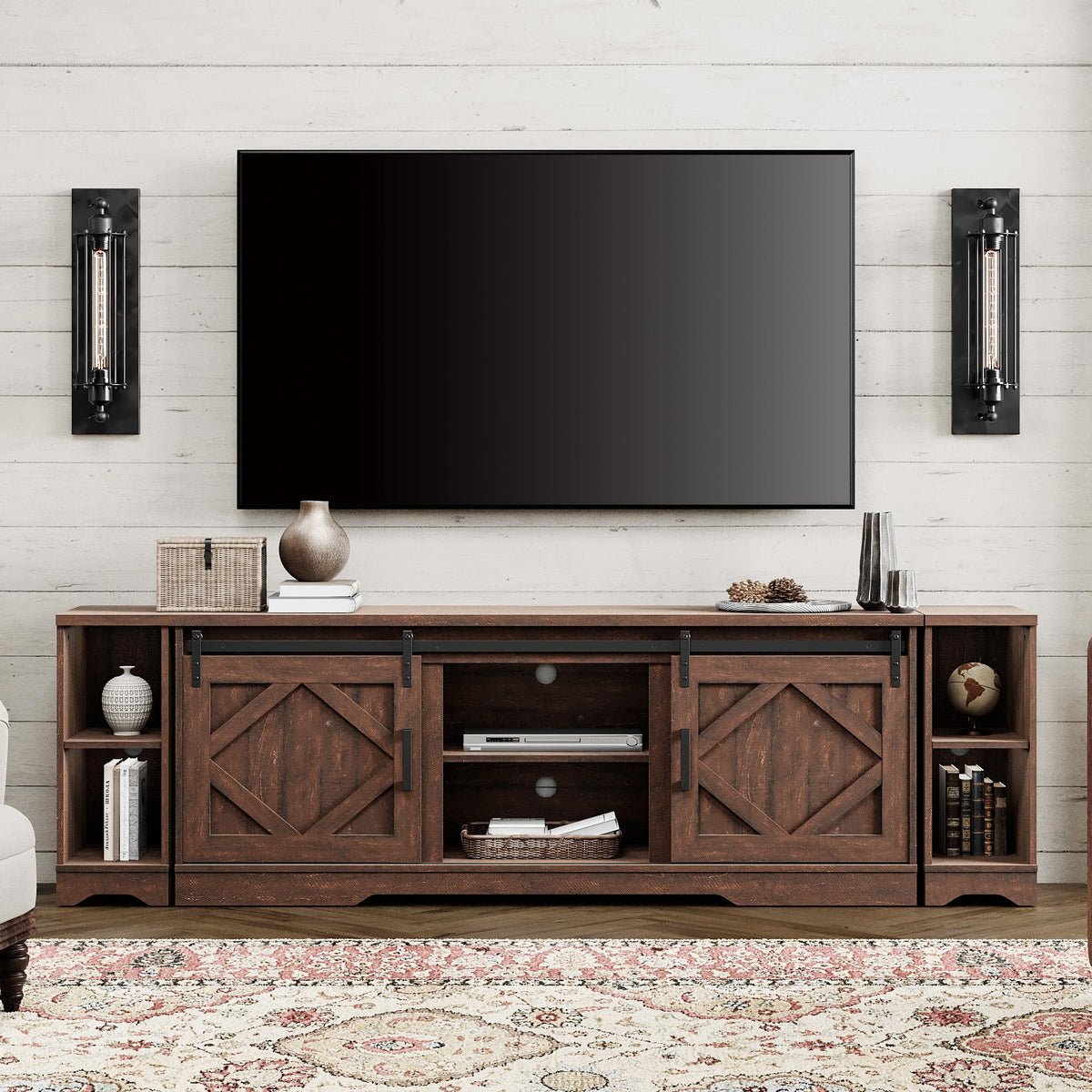 Wampat Modern Farmhouse 3 In 1 Tv Stand For Up To 95' Tvs Wood Entertainment Center With Sliding Barn Door And Adjustable Media Storage Shelf For Living Room,Rustic Brown