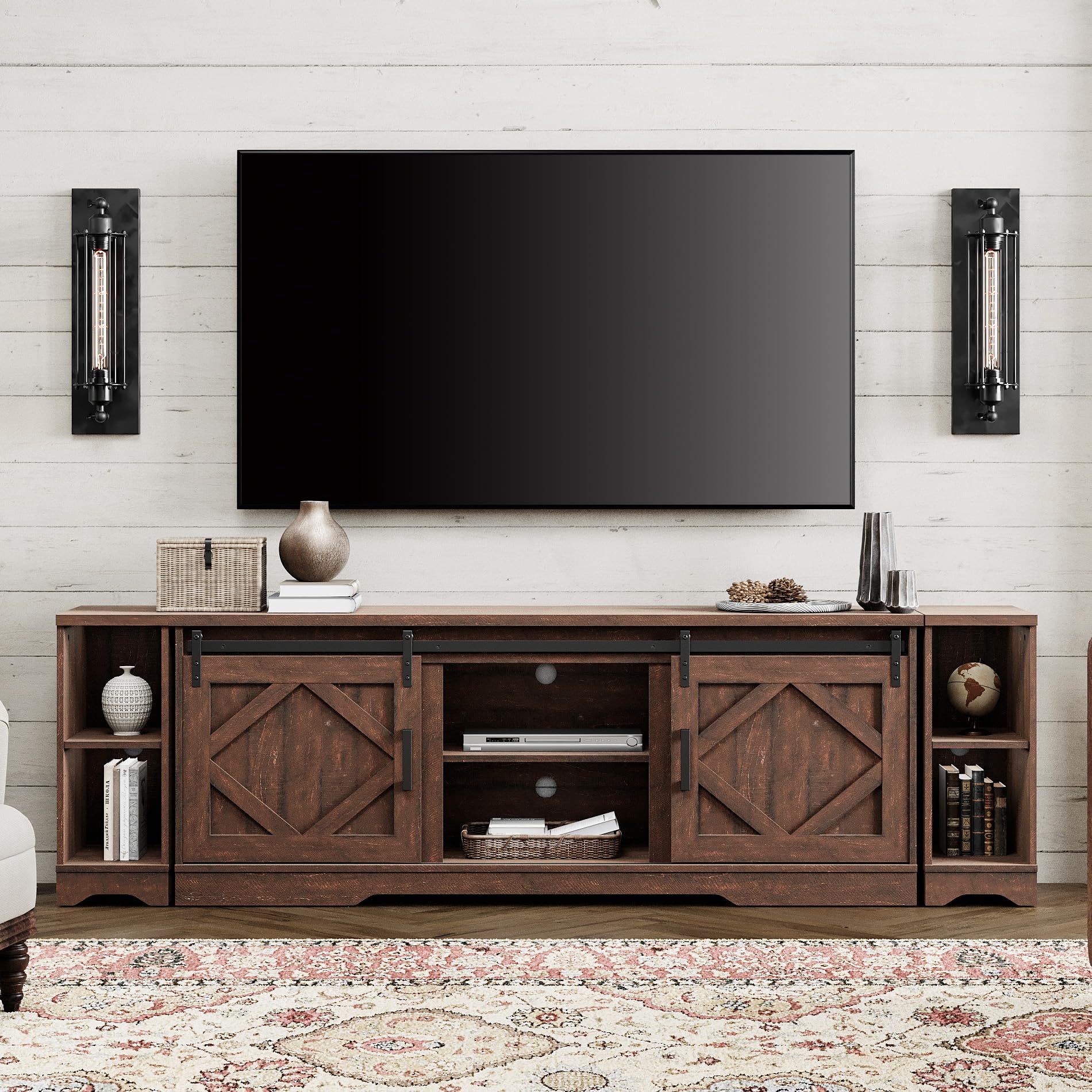 Wampat Modern Farmhouse 3 In 1 Tv Stand For Up To 95' Tvs Wood Entertainment Center With Sliding Barn Door And Adjustable Media Storage Shelf For Living Room,Rustic Brown