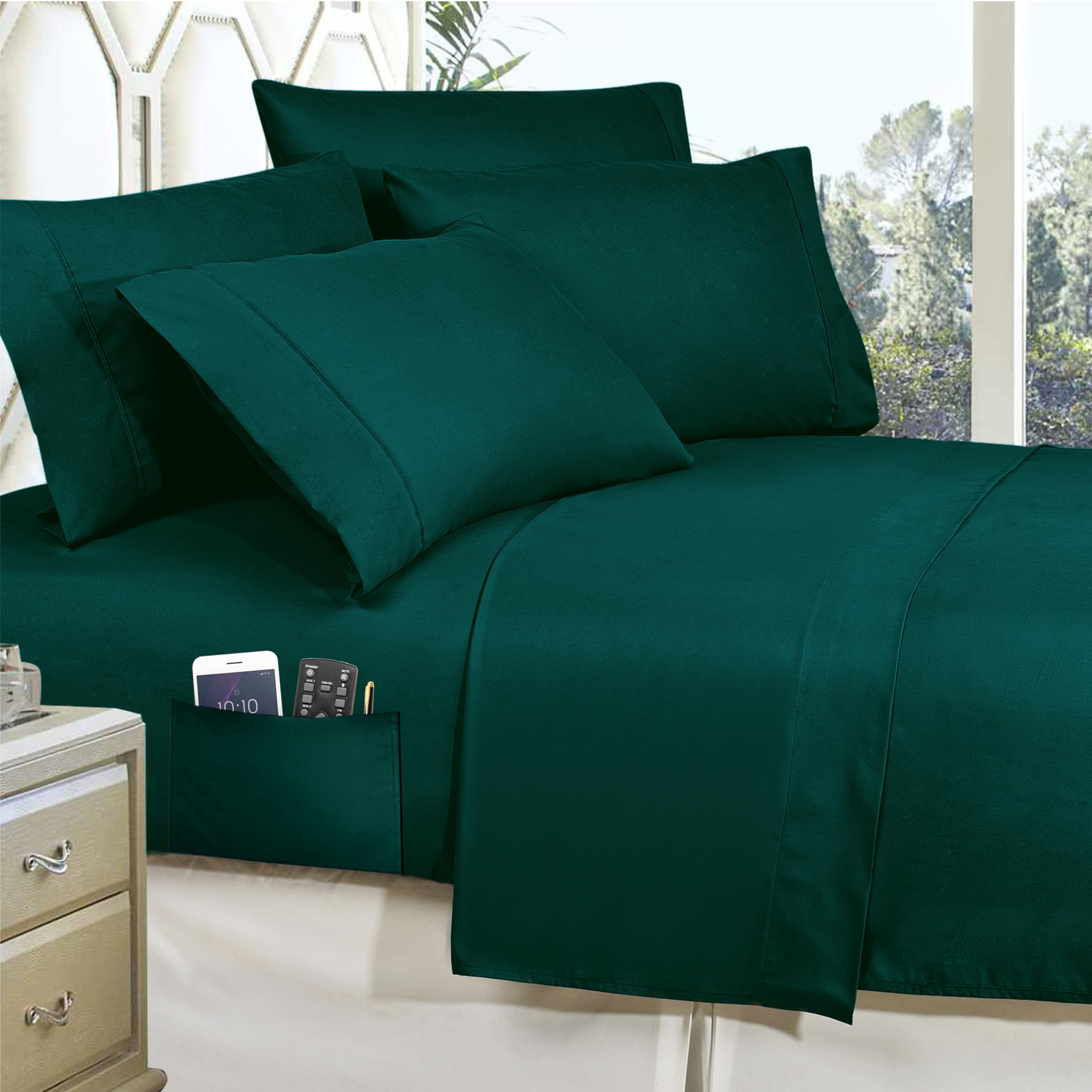 Elegant Comfort 8- Piece Lodge Plaid Reversible Comforter Set Bed-In-A-Bag Set - Silky Soft Complete Set Includes Bed Sheet Set With Double Sided Storage Pockets, King/Cal King, Emerald Green